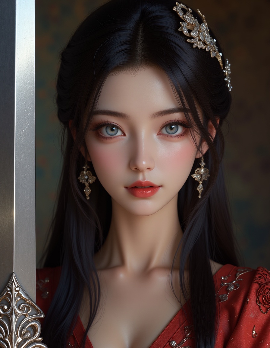 The image depicts a close-up of a woman holding a sword. She has long,dark hair adorned with intricate jewelry,including a headpiece and earrings. Her attire appears to be a red garment with floral patterns. The sword she holds is ornate,with a silver hilt and a blade that reflects light,giving it a shiny appearance. The background is blurred,focusing attention on the woman and her sword.,