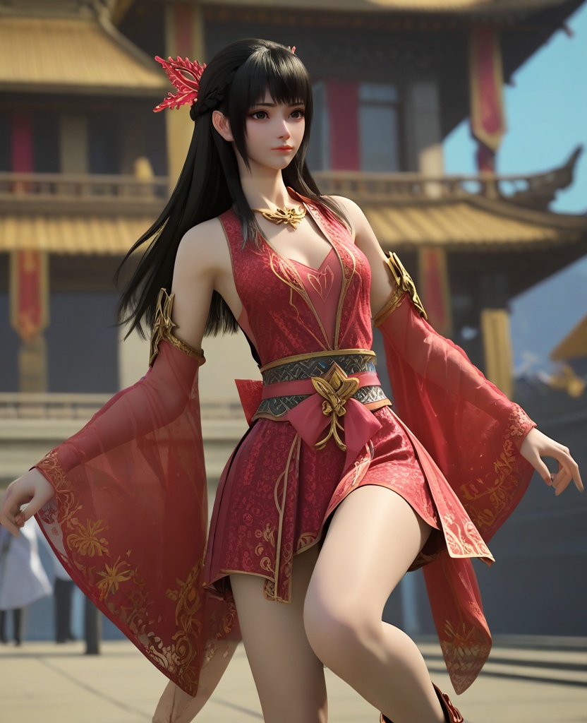 (oriental architecture, elegant decor, sophisticated style:1.1),skating, jumping over camera,(breasts:1.2),<lora:XL16大主宰红绫:0.95>,1girl,red dress,mole under eye,black eyes,black hair,long hair,hair ornament,bare shoulders,, zPDXL2, score_9, score_8_up, score_7_up BREAK realistic, masterpiece,best quality, highly detailed,, zPDXL3, zPDXL2,zPDXL, zPDXLxxx, zPDXLrl,