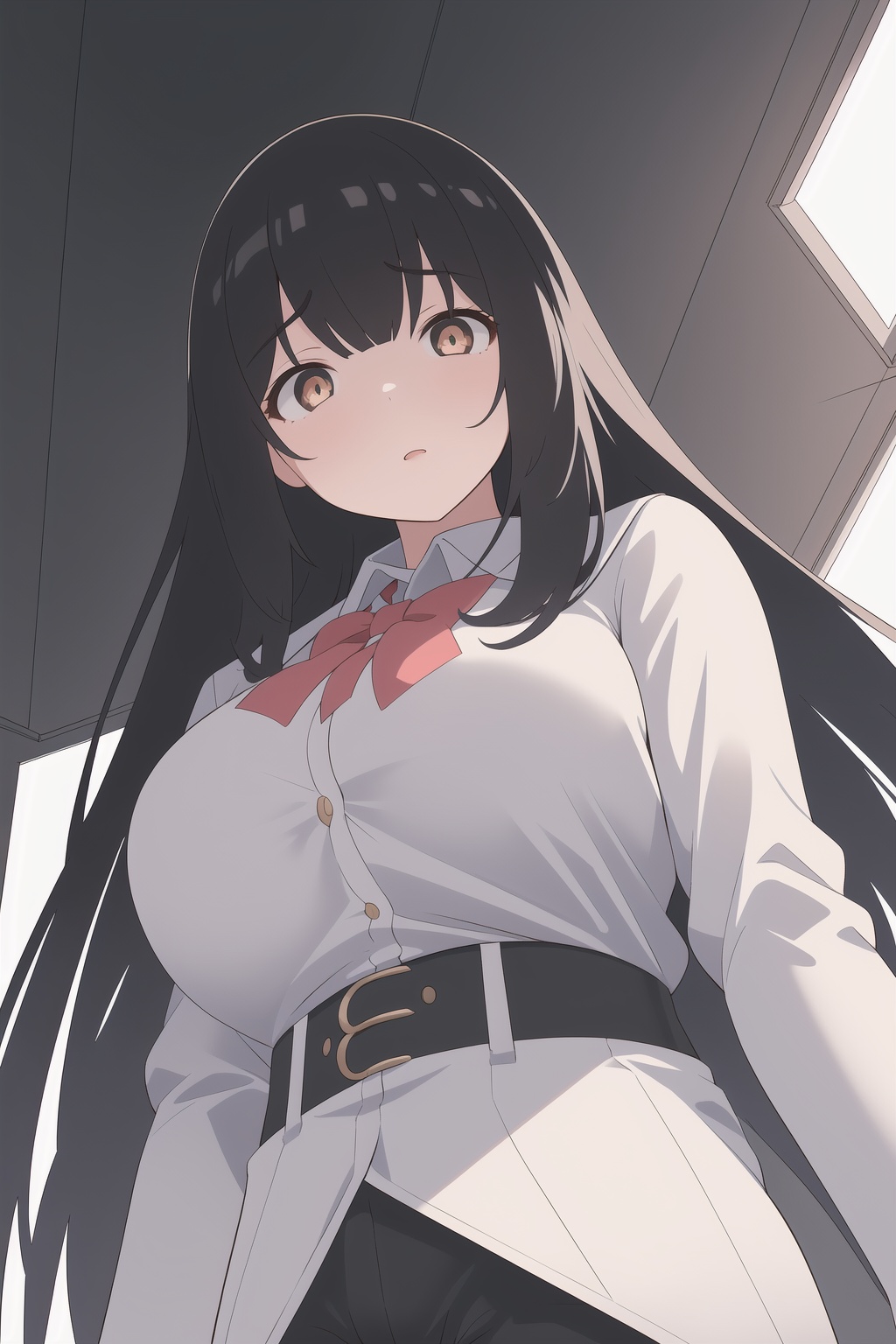 1girl,upper body,sunlight,lovely,atmospheric perspective,vanishing point,Hair detailing,GTS,Giantess,Cramped,PlanetaryGTS,Looming,from below,(masterpiece),(best quality),(very detailed),Neat and clean girls' high school uniform with black hair is huge and the pants are exposed,<lora:povFacesitting:0.8>,