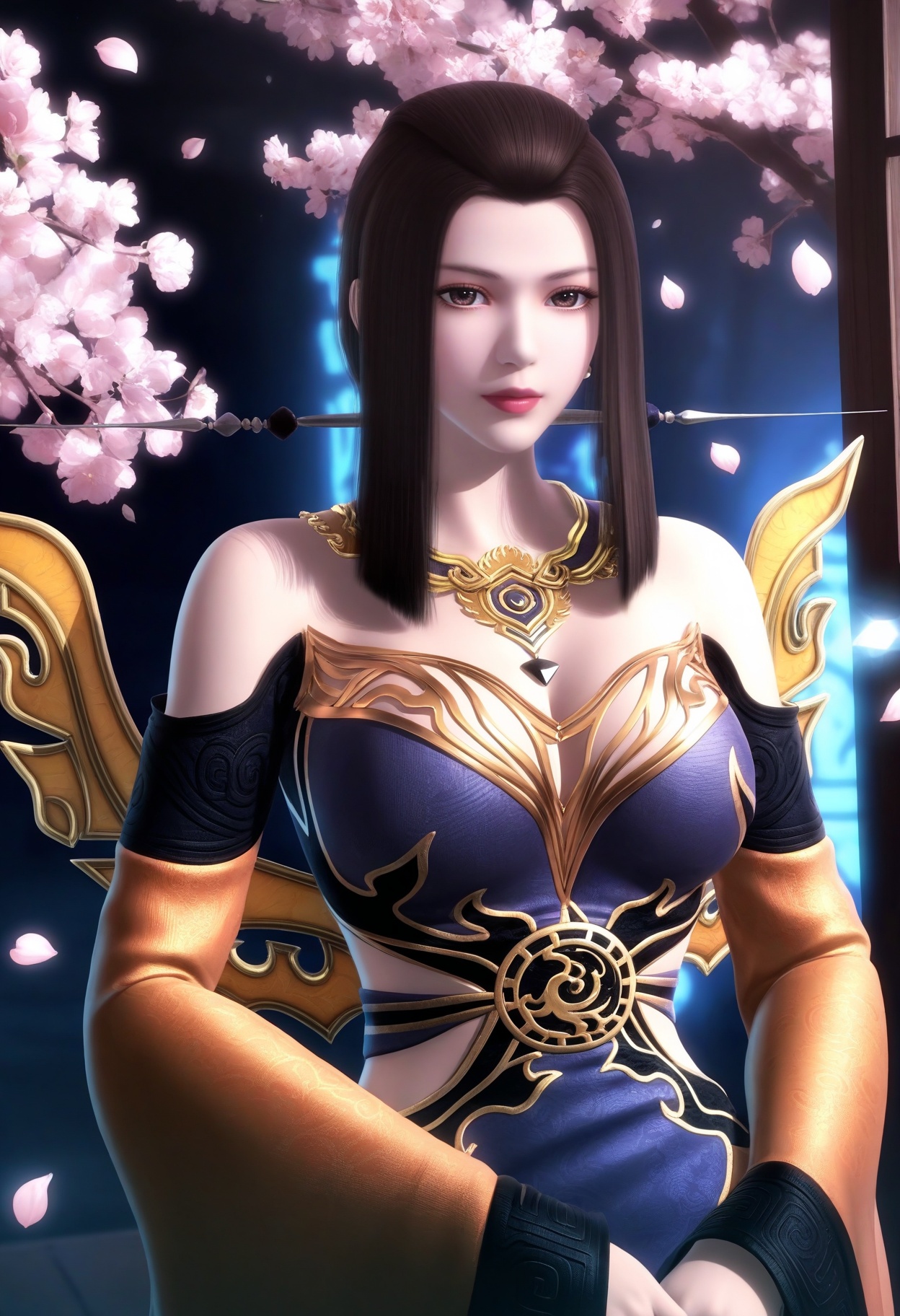 masterpiece,best quality,amazing quality,very aesthetic,high resolution,ultra-detailed,absurdres,scenery,photorealistic,(looking at viewer:1.1),upper body,(Dark room:1.3),(moody lighting:1.1),peach blossom,falling petals,(large breasts:0.8),yanfei,1girl,solo,long hair,black hair,brown hair,jewelry,dress,brown eyes,necklace,hair ornament,earrings,boots,ponytail,sidelocks,armor,detached sleeves,black footwear,high heels BREAK photorealistic details,<lora:QQSillyanfeiV1:0.8>,