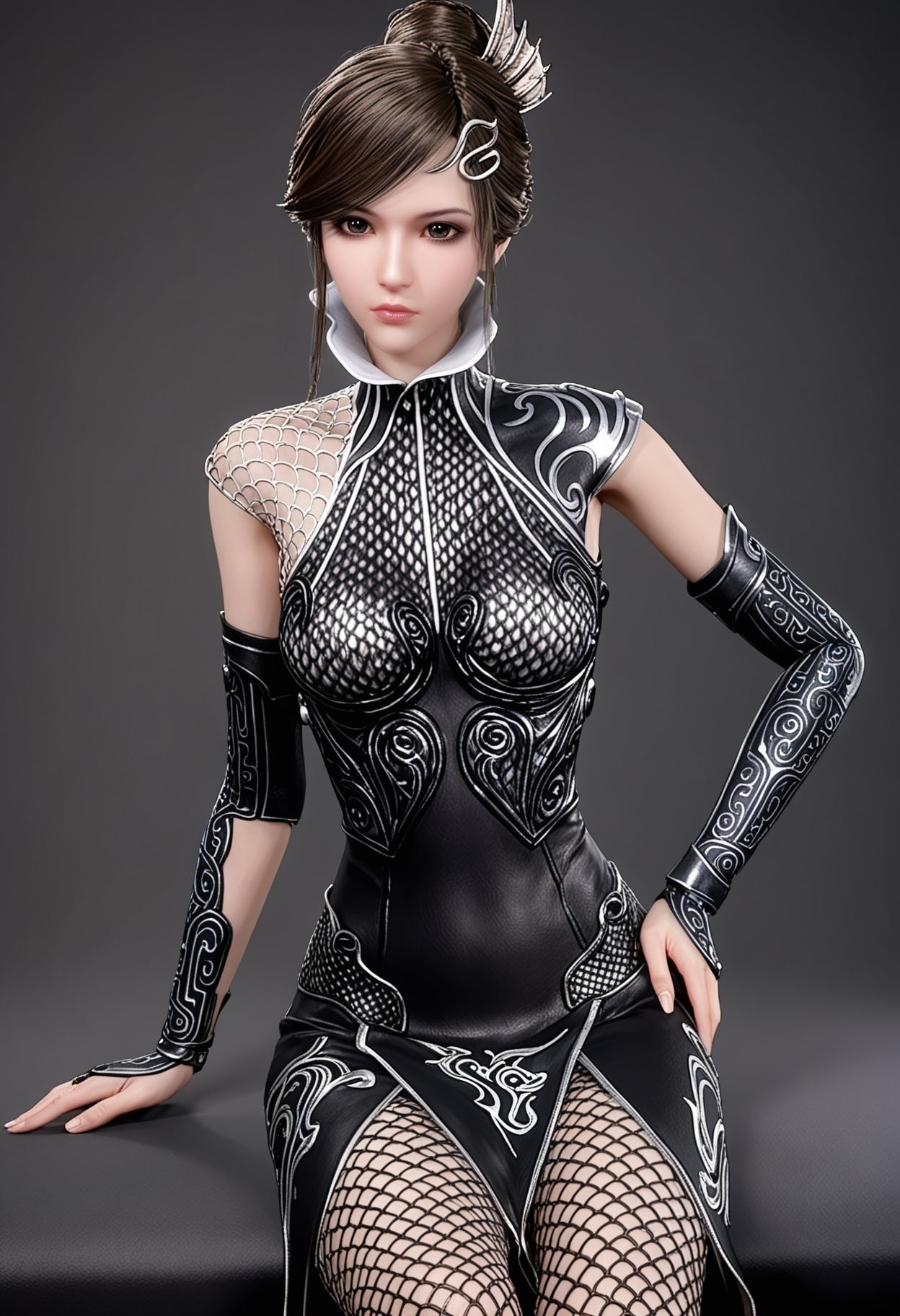 (upper_body:1.2),(looking at viewer:1.1),facing viewer,direct gaze,<lora:YQ_pony_chudaijingni_V4:0.8>,q1528437228,1girl,solo,black hair,brown hair,hair ornament,lips,armor,fishnet pantyhose,black eyes,hair bun,brown eyes,high heels,dress,short hair,bodysuit,gloves,single hair bun,swept bangs,black dress,sidelocks,high collar,chainmail,detached sleeves,elbow gloves,bridal gauntlets,BREAK simple background,pure black background,black background,perfect anatomy,