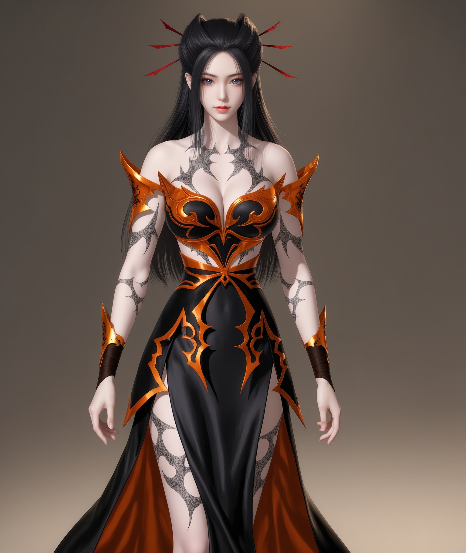 (score_9),masterpiece,best quality,absurdres,highres,BREAK<lora:焰灵姬-ill:0.85>,yanlingji,1girl,solo,long hair,black hair,hairpin,blue eyes,tattoo,pauldrons,breastplate,wrist armor,dress,black dress,(white_skin),(Ivory_skin),collarbone,(large breasts),puffy chest,looking at viewer,front view,standing, BREAKsimple background,Tyndall effect,Cinematic Lighting,Volumetric Lighting,