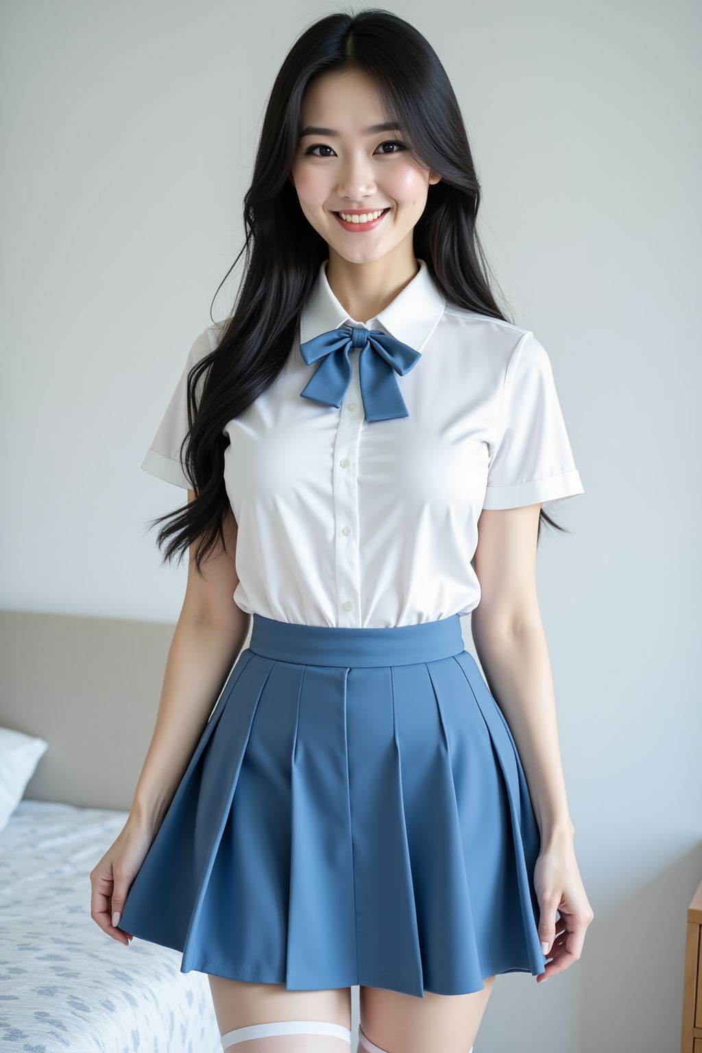 She appears to be in her early twenties. She wears a white, short-sleeved collared shirt with a blue bow tie, a blue pleated mini-skirt, and sheer white over-the-knee socks. She has long straight black hair, fair skin, and white lipstick. Her facial expression was happy. The background is a plain white wall and a portion of a bed with patterned linens on the left side. The lighting appears to be natural, creating soft shadows. The overall composition is clean and simple. The style is somewhat suggestive, with emphasis on the woman's figure and clothing.
