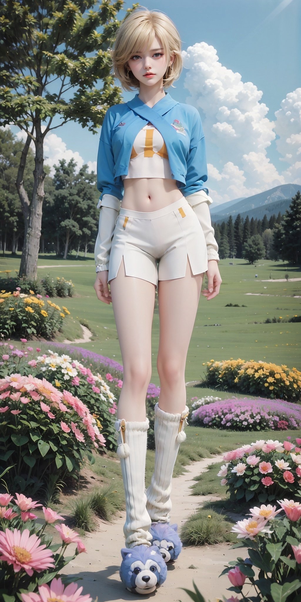 <lora:JXM_20240206203658-000006:0.75>,JXM,1girl,solo,blonde hair,navel,blue eyes,midriff,crop top,white shorts,long sleeves,slippers,looking at viewer,shirt,blue shirt,sportswear,jacket,roller skates,socks,short shorts,animal slippers,outdoors,scenery,flower,tree,sky,cloud,day,grass,field,pink flower,blue sky,nature,cloudy sky,white flower,landscape,yellow flower,mountainous horizon,<lora:MHB:0.2>,, (raw photo:1.2),((photorealistic:1.4))best quality,masterpiece,illustration,an extremely delicate and beautiful,extremely detailed,CG,unity,8k wallpaper,Amazing,finely detail,masterpiece,best quality,official art,extremely detailed CG unity 8k wallpaper,absurdres,incredibly absurdres,huge filesize,ultra-detailed,highres,extremely detailed,beautiful detailed girl,cinematic lighting,1girl,pale skin,tall female,(perfect body shape),skinny body,Slender legs,, pale skin,tall man,long legs,thin leg,