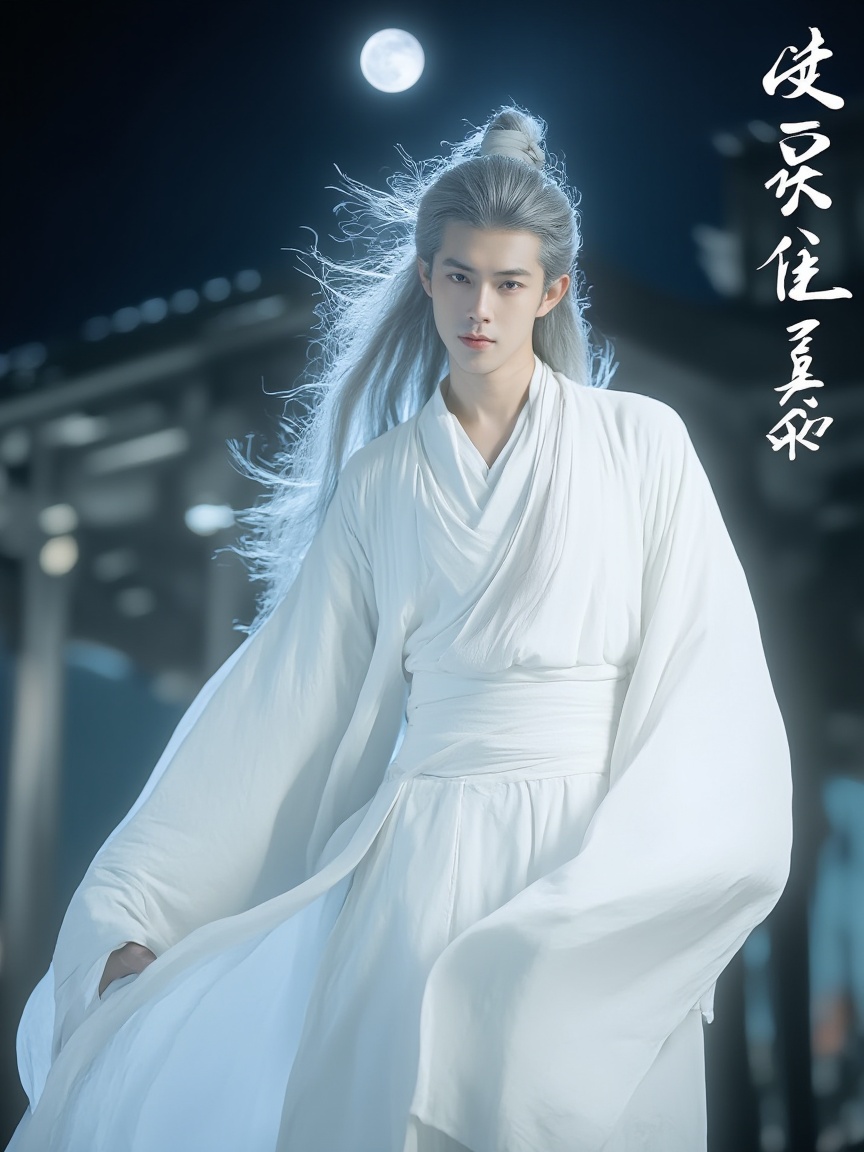 neomj,<lora:neomj古风v9_15:1>,A man with long silver hair,wearing a flowing white robe,The background is dark with some visible architectural elements and a moon source overhead. There is also some white calligraphy text in the upper right corne,