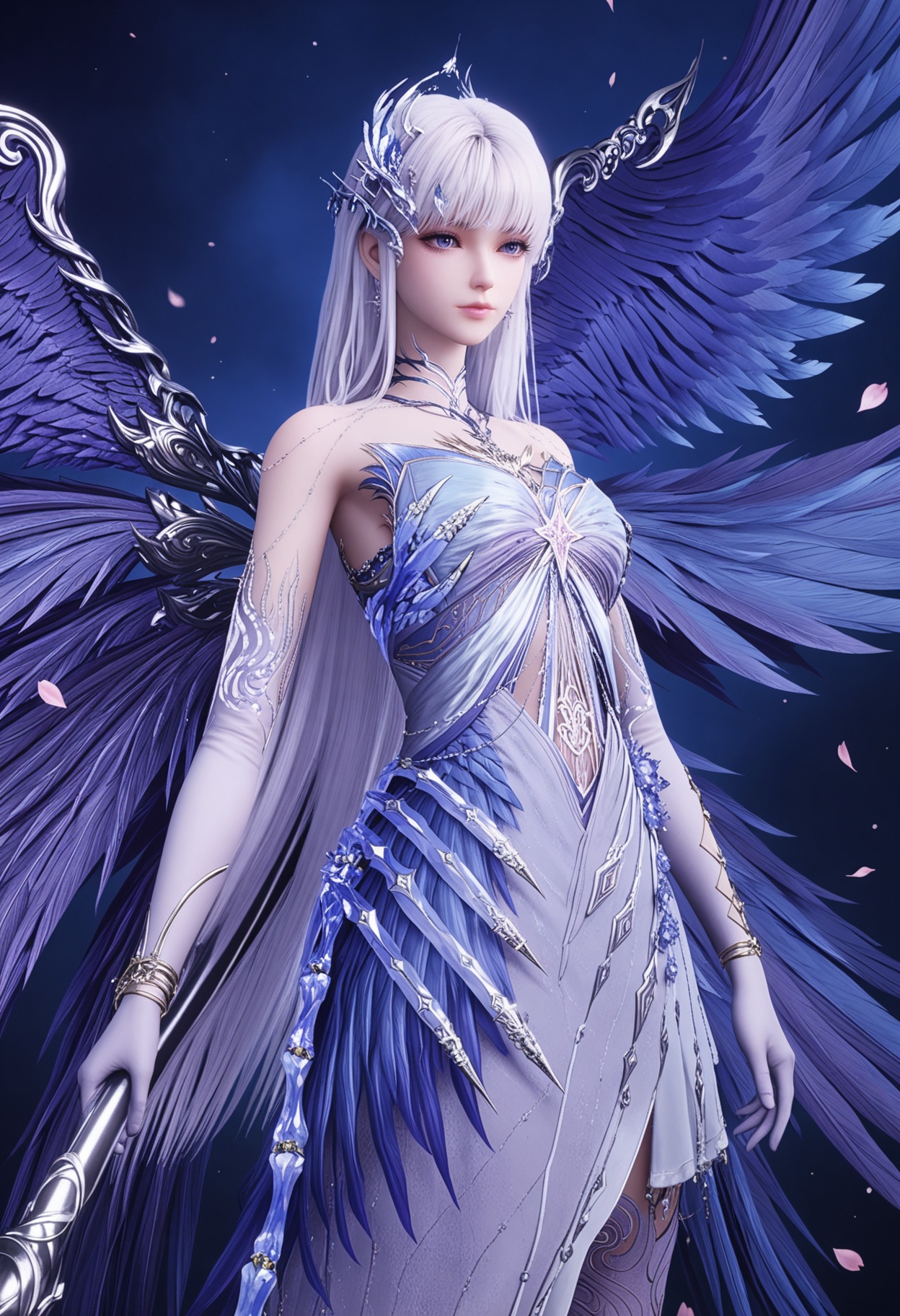 (cowboy shot:1.2),looking at viewer:1.1,masterpiece,(best quality),smog,Dark room,dim lighting,peach blossom,falling petals,<lora:YQ_Illustrious光辉v5_圣采儿_服装7_带翅膀和武器_V1:0.8:lbw=1,1,1,1,1,1,1,1,1,0.8,0.8,0.1>,q1528437228,1girl,solo,wings,long hair,dress,white hair,weapon,multiple wings,white dress,hair ornament,holding weapon,feathered wings,gloves,high heels,elbow gloves,jewelry,purple eyes,purple wings,blue dress,blue eyes,holding scythe,blunt bangs,polearm,white gloves,blue wings,thighhighs,bracelet,earrings,feathers,holding polearm,