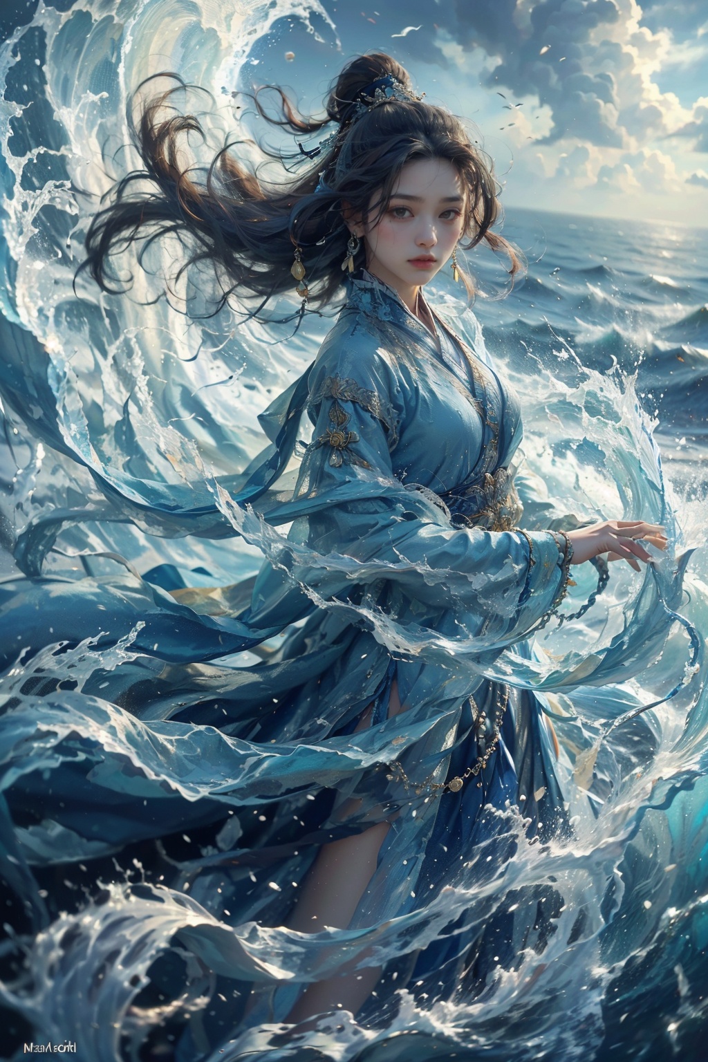 haifeisiv6,  painting of a woman in a flowing dress in the ocean,  cgsociety and fenghua zhong on Tensor.Art