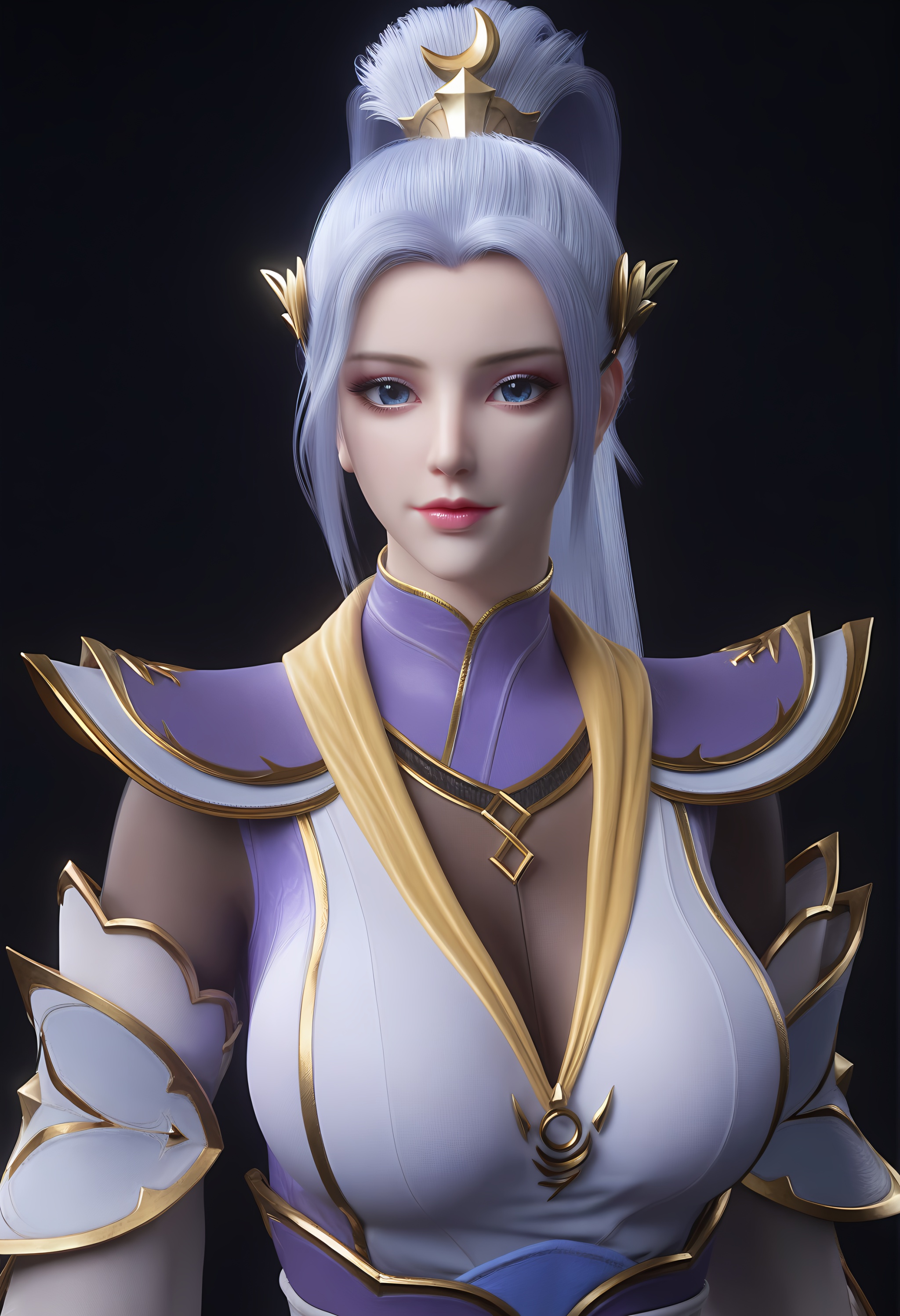 (score_9),vivid colours,Expressiveh,ambient occlusion,((Subsurface Scattering)),female,mature,(mature_female:1.1),<lora:韩月-A-pony:0.85>,hy,1girl,solo,long hair,blue hair,high ponytail,hair ornament,crescent,(crescent hair ornament),shoulder armor,chinese clothes,(black_gloves),upper body,<lora:perfect-eyes:0.8>,blue eyes,looking at viewer,front view,glamor,puffy breasts,pointy_breasts,large breasts,OverallDetail,fair_skin,(white_skin),(Ivory_skin),black background,<lora:e色温:0.5>,<lora:e肤色滑块:0.5>,<lora:a修手:0.3>,