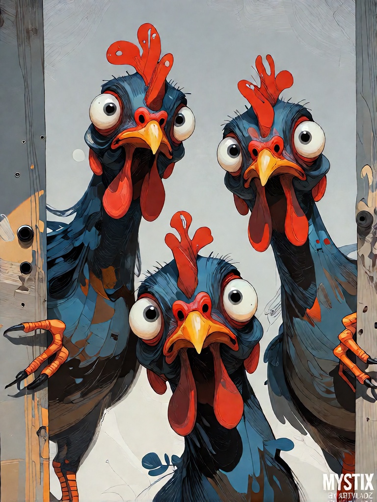 Bradhamel art style. Three cartoonish roosters with oversized orange eyes,  vibrant red combs and wattles,  and dark blue-...