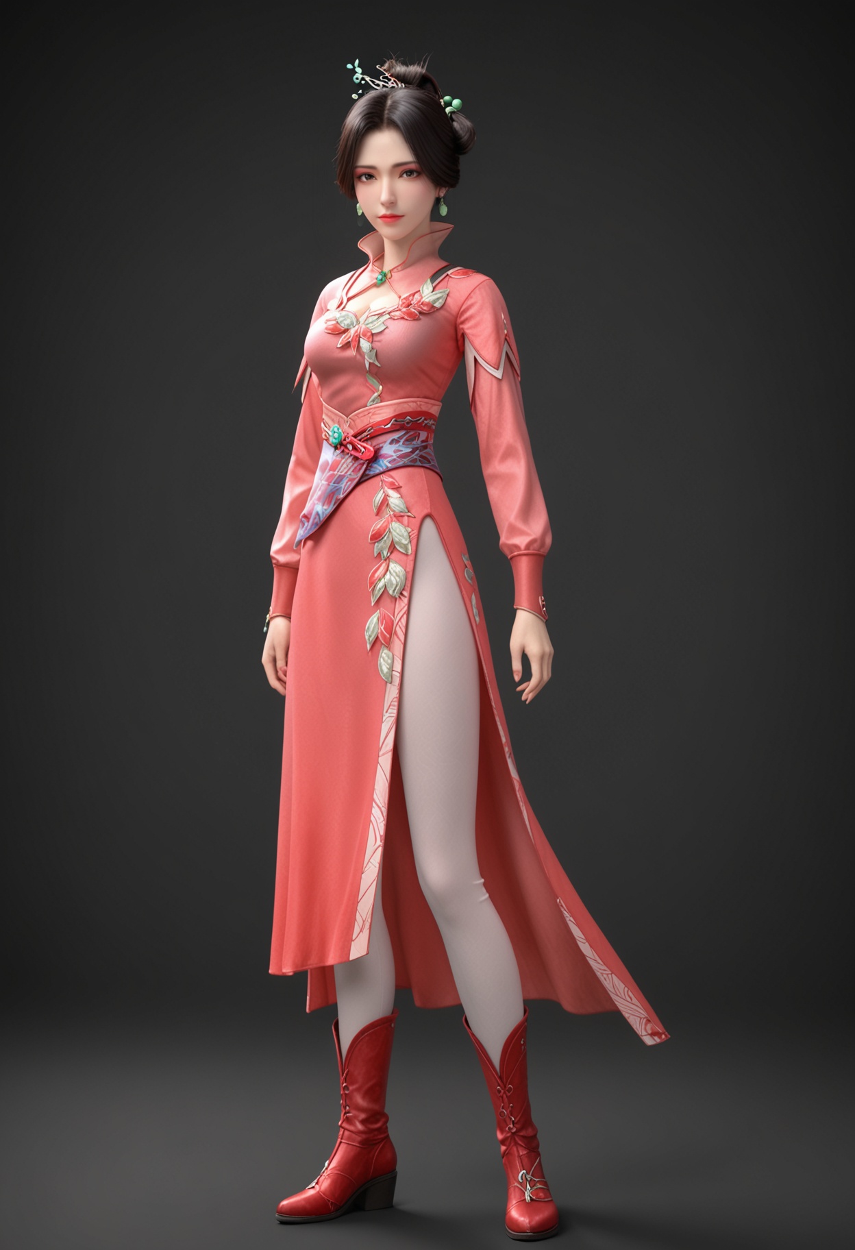 (full_body:1.1),(looking at viewer:1.1),facing viewer,direct gaze,<lora:YQ_pony_jimohuaxue_V5:0.8>,1girl,q1528437228,solo,black hair,jewelry,pink dress,earrings,short hair,hair bun,hair ornament,brown eyes,brown hair,long sleeves,chinese clothes,single hair bun,high collar,boots,red footwear,black eyes,sash,side slit,necklace,pantyhose,BREAK simple background,pure black background,black background,perfect anatomy,