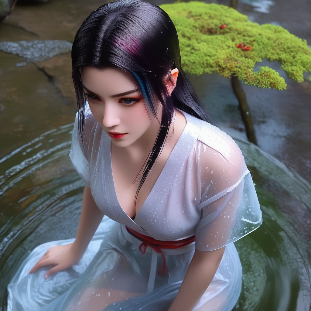 <lora:850-DA-XL-斗破苍穹-美杜莎-红色睡衣:0.8>, (,1girl, ,best quality, ),,  ,(Highest picture quality), (Master's work), , (ultra-detailed), the portrait is centered, 1girl, raiden shogun, nsfw, (wet clothes), blush, bare hips, (sheer shirt), (from above:1.7), (translucent dress), water drop, (rain), (outdoors), stained, wet hair, wet dress, wet, scenery, (long hair), nature background, close up, ((on back)), water,masterpiece, best quality, ultra high res, highly detailed, (abstract expressionism art:1.4), [girl | fire ghost:10], love,, dark rainbow theme, colorful, visually stunning, beautiful, gorgeous, emotional, intricate, perferct shading, rainbow hair,(sit),  ,(cleavage),,