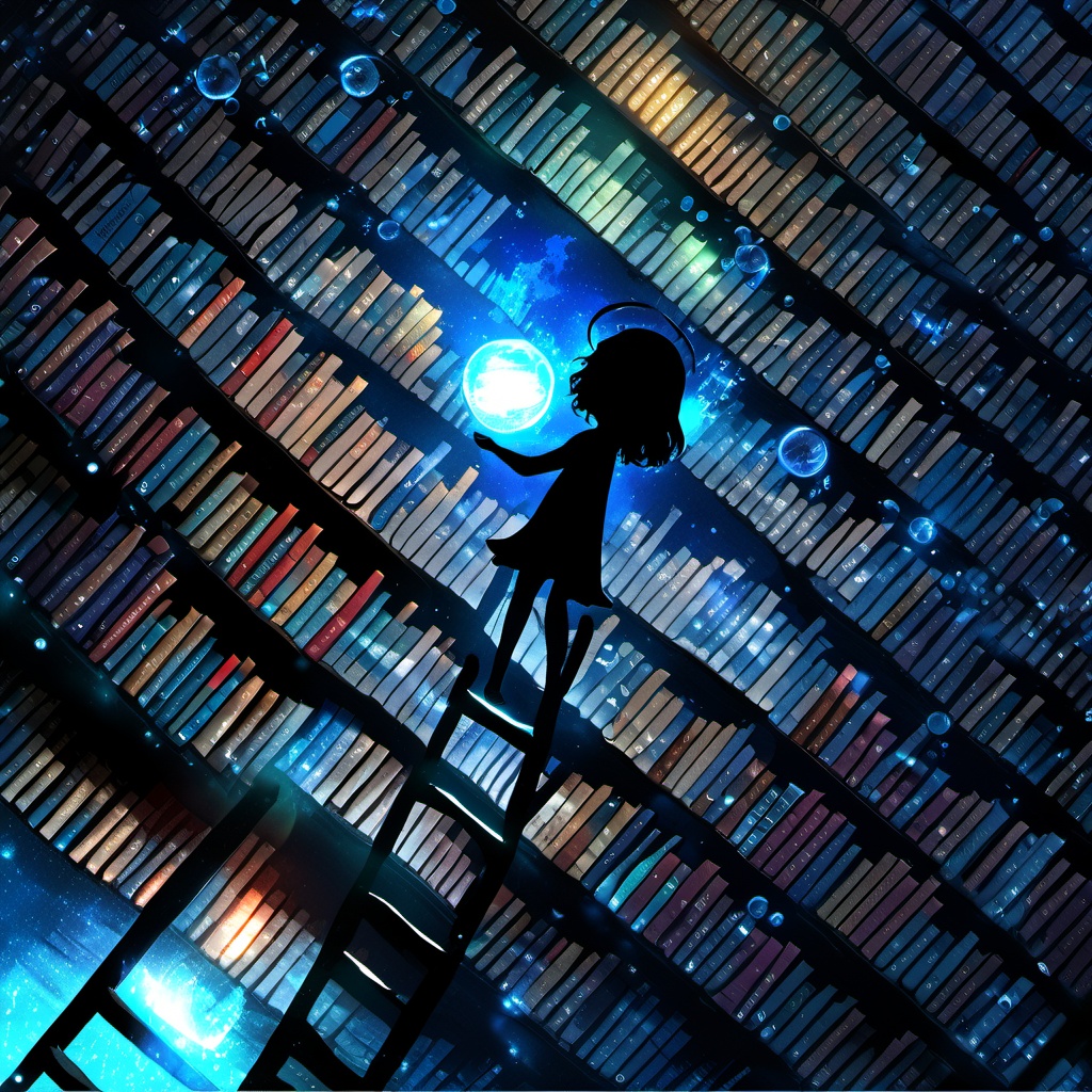 <lora:star_xl_v3:1>,silhouette painting, 1girl, solo, blue theme, long hair, black hair, dress, standing, indoors, from behind, book, halo, floating, bookshelf, facing away, library, scenery, bubble, dark, a vast library filled with shelves upon shelves of books. the books are of various sizes and colors and designs and they emit a radiant blue glow, there's a silhouette of a girl standing on a ladder, seemingly reaching out to touch or interact with one of the books, floating orbs and particles scattered, vast library, shelves upon shelves of books, books of various sizes and colors and and designs, radiant blue glow, silhouette of a person, ladder, ethereal ambiance, floating orbs and particles