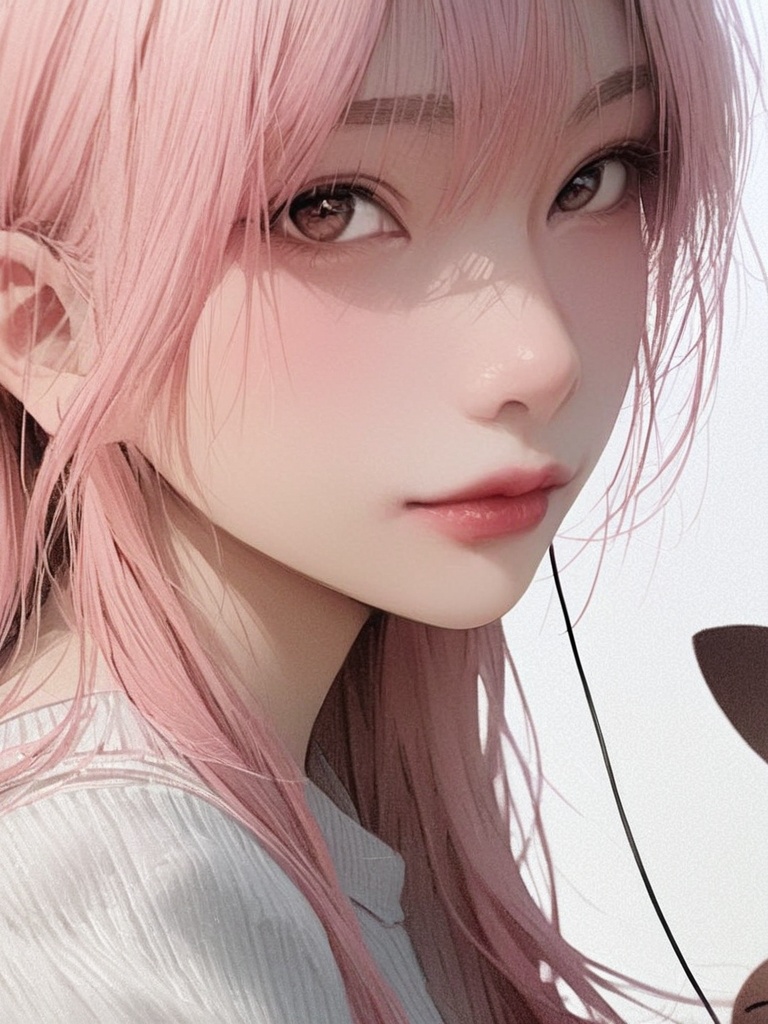 doudou,1girl,pink hair,white esports earphones,(masterpiece, top quality, best quality, art, beautiful and aesthetic:1.2),extreme detailed,highest detailed,Realistic skin texture,realistic photos,realistic,white background,<lora:doudou-000009:1>,standing,close-up,