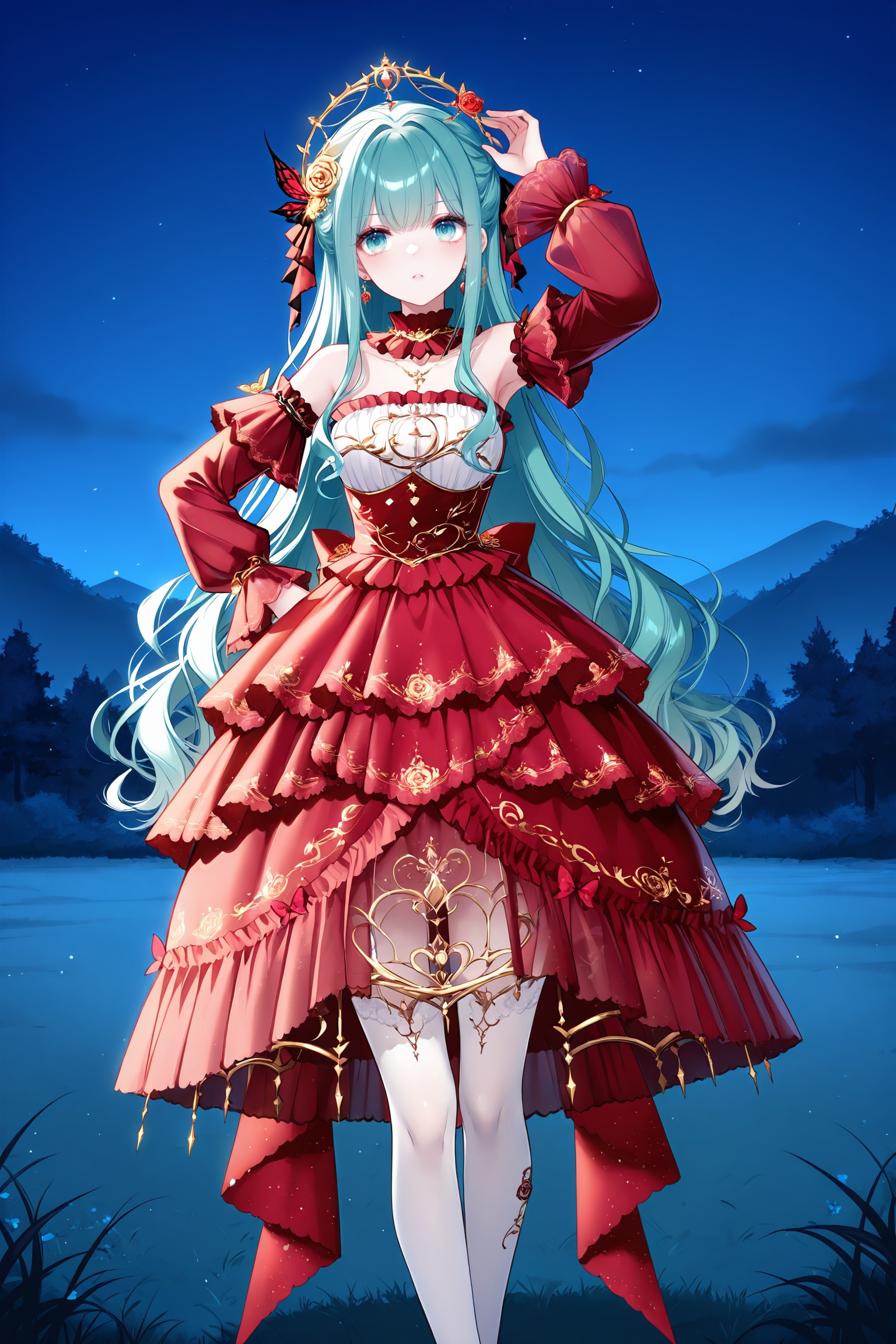 masterpiece,best quality,newest,absurdres,highres,soft shadows,year2024,mutou kurihito,[kimishima ao],[[[bison cangshu]]],[[[[[sheya]]]]],1girl,hatsune miku, <lora:wishfulaurosaXLNAI:1.4>,wishful aurosa,dress,red dress,see-through sleeves,detached sleeves,strapless dress,dress flower,white thighhighs,print thighhighs,earrings,frilled dress,see-through dress,platform footwear,outdoors:1.2,grasslands,hand on own hip,arm up,night,dress tug,