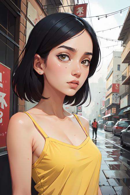 1girl detailed face serious mature yellow cotton Camisole,  street Russ Mills Sui Ishida,  best quality on Tensor.Art