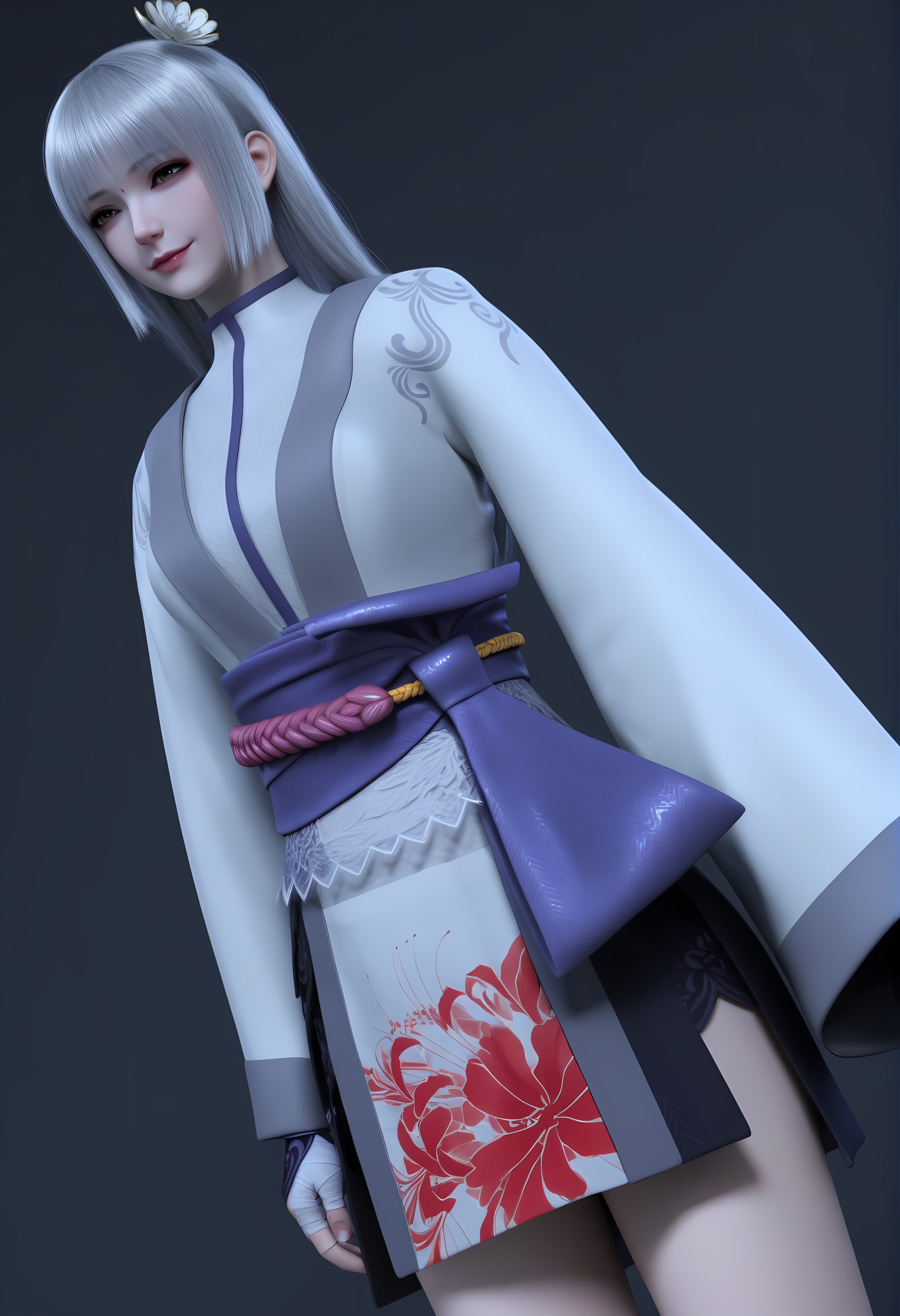 (score_9),dutch angle,cowboy shot,standing,<lora:苏红息-apony:0.83>,shuxihong,1girl,solo,red dot,long hair,silver hair,hair ornament,hair flower,bangs,kimono,sash,short kimono,obi,bandages,floral print,legs,mature_female,BREAK<lora:Expressive_H-000001:0.8>,light blush,Expressiveh,looking down,seductive_smile,<lora:e肤色滑块:0.25>,fair_skin,(pale skin),<lora:e色温:0.25>,ultra-detailed skin texture,detailed textures,<lora:皮肤凹痕:1.5>,<lora:RealisticSkinv1_ponyv6_loraplus:0.35>,real skin,BREAKsimple background,black background,4K ultra HD,sharp focus,high detail,high contrast,
