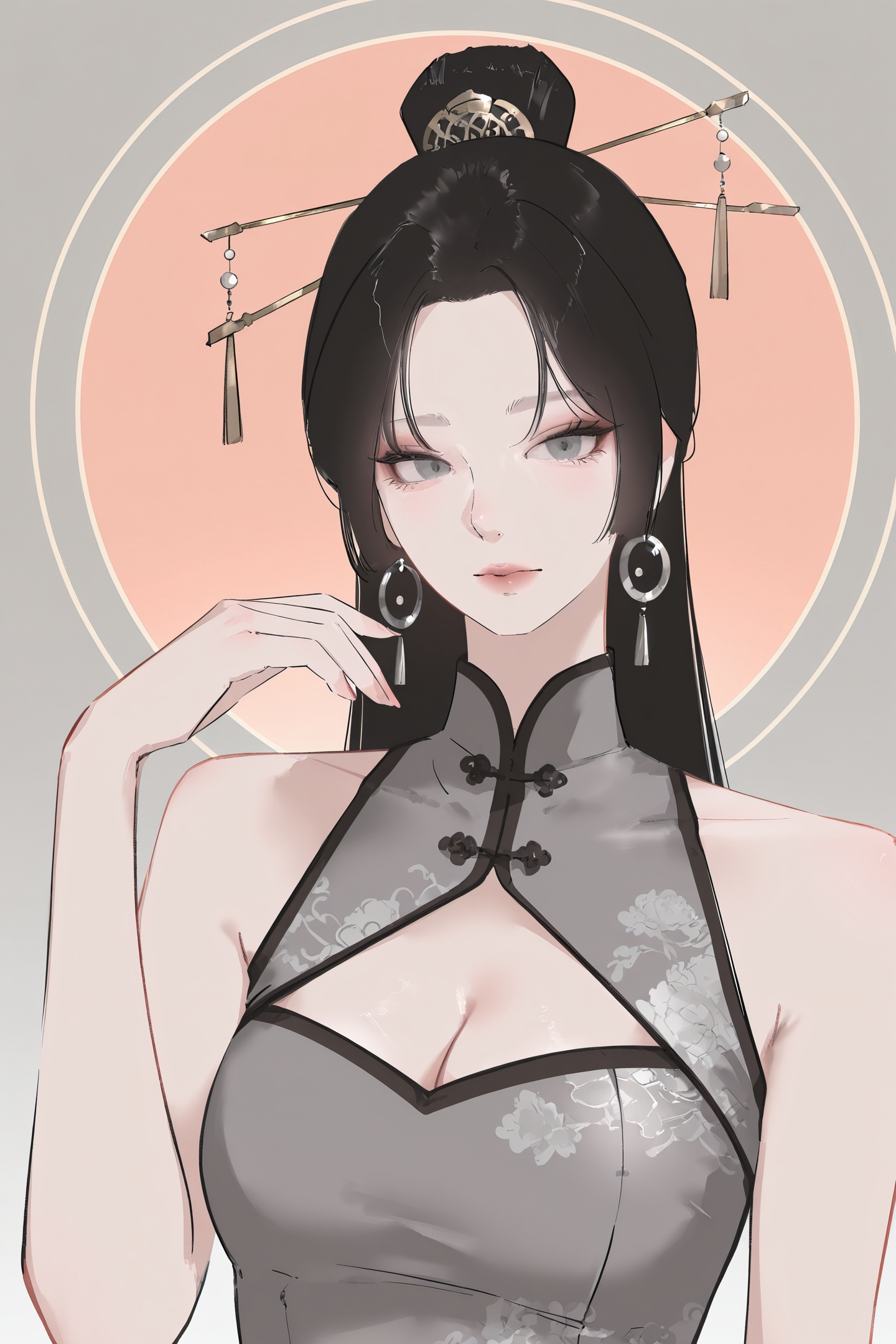 Chikitama Style,1girl,solo,black hair,dress,chinese clothes,sleeveless,hair stick,grey dress,hair ornament,upper body,earrings,jewelry,grey eyes,china dress,sleeveless dress,looking at viewer,bare shoulders,closed mouth,makeup,cleavage cutout,circle,hair bun,clothing cutout,long hair,hand up,sketch,<lora:Chikitama_illustriousXL:1>,