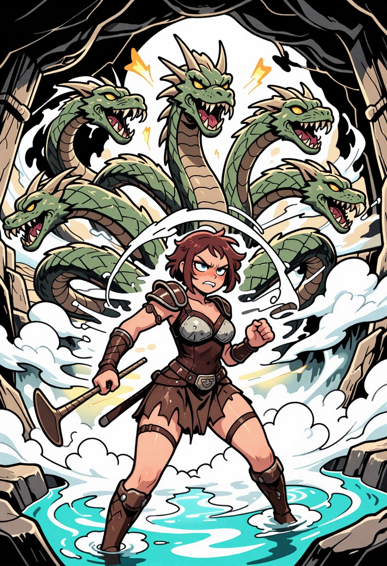 A high-octane,  2.5D stylized dark fantasy illustration featuring a fierce female warrior with a muscular build,  wearing...