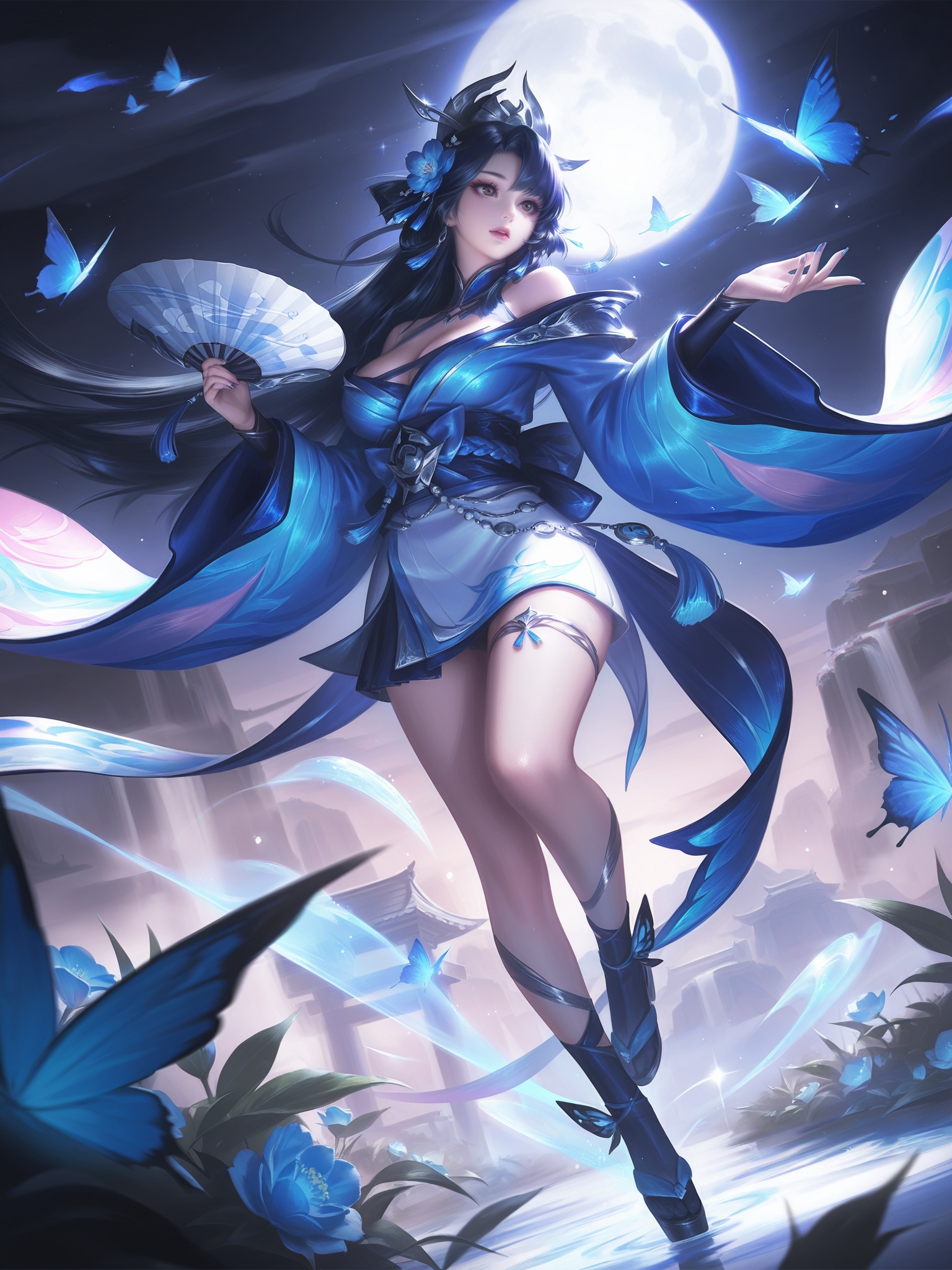 MLiang,best quality,BREAKMLiang rn,1girl,butterfly,bug,hair ornament,solo,moon,long hair,hand fan,breasts,japanese clothes,flower,black hair,night,large breasts,hair flower,full moon,kimono,holding fan,cleavage,sky,holding,brown eyes,night sky,blue butterfly,looking at viewer,folding fan,bare shoulders,BREAKbest-quality,masterpiece,[with a high-end texture],(extremely detailed CG unity 8k wallpaper,masterpiece),Dramatic Lighting,Ray Tracing,(8k resolution),best quality,absurdres,detailed shading,perspective,reoen,depth of field,absurdres,masterpiece,with a high-end texture,full body,mvery awe,aesthetically pleasing,masterpiece,best quality,amazing quality,very aesthetic,ultra-detailed,high resolution,8k,BREAK<lora:lolart-ill11-v5.1:0.35>,<lora:zhongguoduliu-v3-illustrious:0.35>,<lora:MLiang_园子-000015:0.9>,