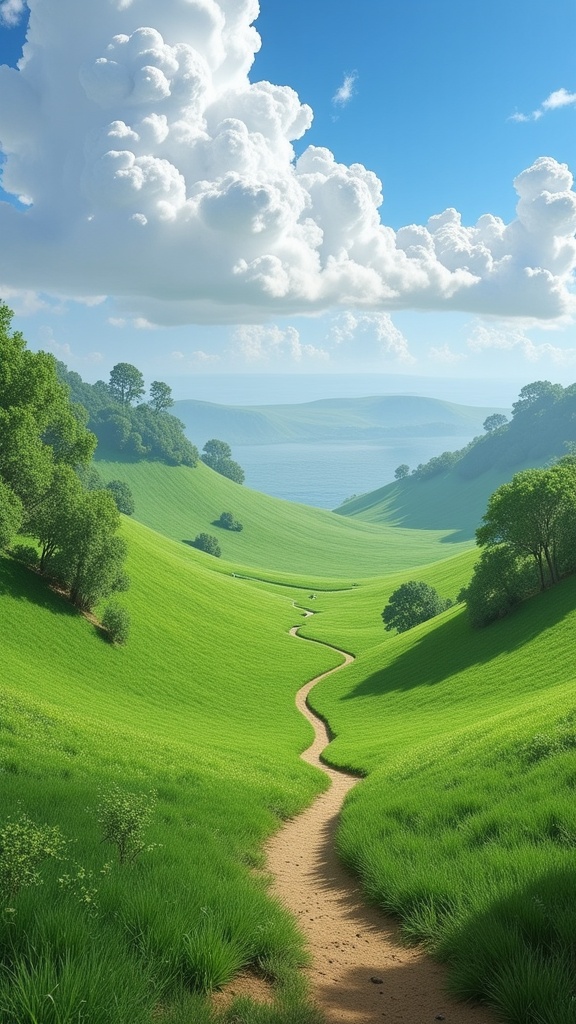 painting of a view of a green field with a pathway through it,fantasy matte painting,cute,magic realism matte painting,surrealist landscape painting,( matte painting, 3 d virtual landscape painting, surrealism background, rob gonsalves and tim white, a detailed matte painting, matte painting scenery, jim warren and rob gonsalves, fantasy landscape painting, dreamy matte painting, a beuatiful matte painting, ferdinand knab background, happy colors. rob gonsalves, detailed matte fantasy painting, high quality matte painting, fantasy background, heaven background, matte fantasy painting, surreal background, epic surrealism 8k oil painting, exquisite matte painting, surreal matte painting, surreal dream landscape, matte painting ", matte painting", highly detailed matte painting, matte painting of human mind, a matte painting, very beautiful matte painting, in matte painting,