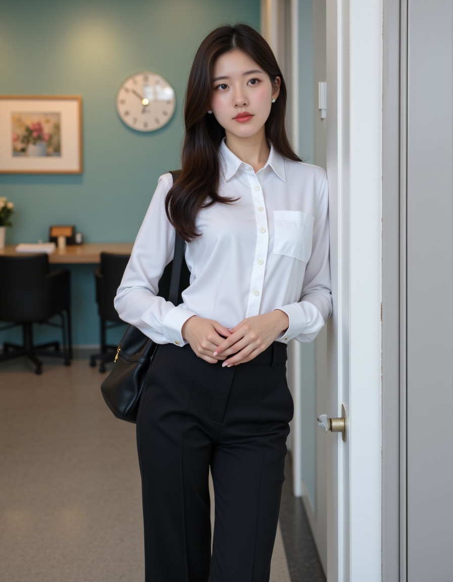 a real picture of a south korea woman,In Bank Teller Uniform\(Often includes a uniform shirt,pants,and sometimes a scarf or tie for bank tellers\).,