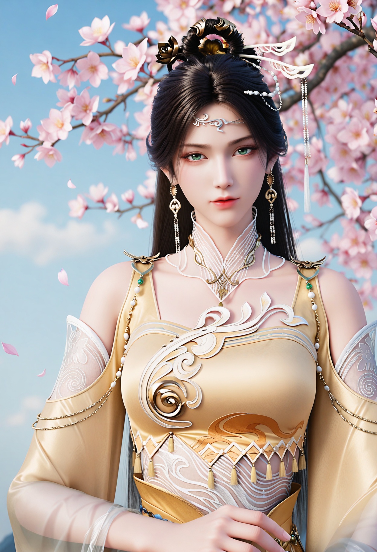 (upper_body:1.2),(looking_at_viewer:1.4),fantasy,dreamlike,Pastel Colors,hyper realistic,southeast asia,aestheticism,beautiful detailed sky,chinese mythology,wonderland,peach blossom,falling petals,smog,yunxia,<lora:YQ_li光辉v5_金瓶儿_V1:0.8>,1girl,solo,q1528437228,long_hair,jewelry,earrings,hair_ornament,dress,black_hair,realistic,chinese_clothes,yellow_dress,green_eyes,brown_hair,hair_bun,necklace,single_hair_bun,bare_legs,feet,hair_rings,