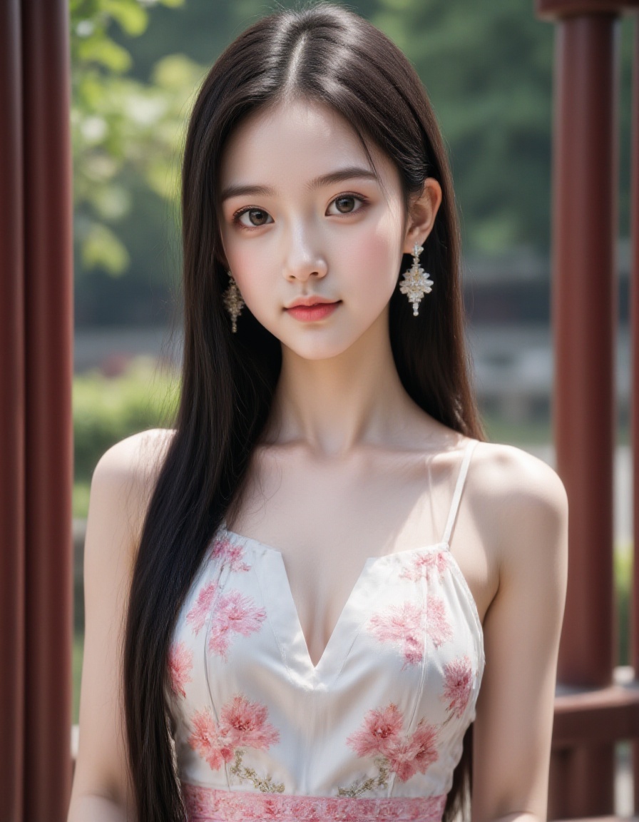 HDR photo of 1girl, solo, realistic, black hair, looking at viewer, dress, long hair, smile, chinese dress, brown eyes, photorealistic, upper body, lips, sleeveless, breasts <lora:20250110_Again_Girl_F.1_6:1>