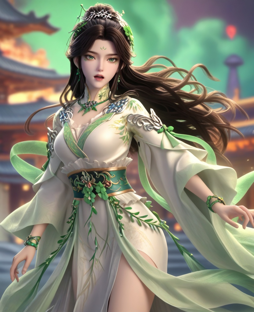 (oriental architecture, elegant decor, sophisticated style:1.1),(rushing out of burning city,screaming:1.1),(breasts:1.2),<lora:XL16叶罗丽青梧仙子:0.95>,miss qingwu,white tiered gown,green eyes,facial mark,eye foils,black hair,half-up crown with long cascading hair,hair ornament,very long hair,jewelry,green shawl,sash,anklet lace,, score_9,score_8_up,score_7_up,score_6_up,score_5_up,score_4_up,3d rendering,tag1,tag2, Cinematic Lighting,backlighting,
