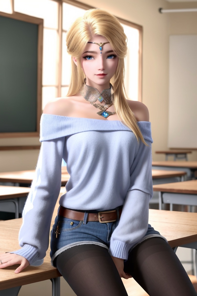 ((HRD, HUD, 8K)),((masterpiece, best quality)), highly detailed, soft light,1girl, solo, long hair, circlet, blonde hair, blue eyes, lips,(off-shoulder sweater:1.2), denim shorts, black pantyhose, blurry background, classroom, chalkboard, sitting, cowboy shot, looking at viewer, <lora:20240408-1712537700209:0.7>