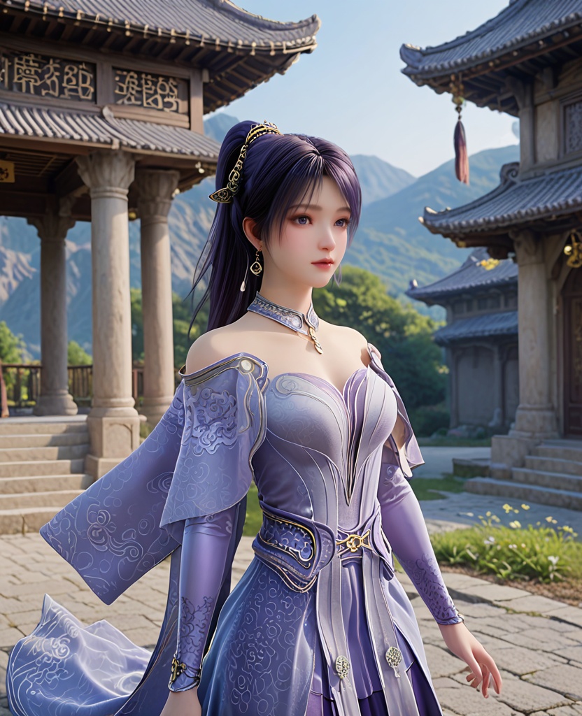 (oriental architecture, elegant decor, sophisticated style:1.1),(yoga backbend:1.1),(breasts:1.2),<lora:XL遮天姬紫月2:0.95>,miss jiziyue,blue dress,shawl sleeves,purple hair,jewelry,bare shoulders,elbow gloves,sash,blue eyes,hair ornament,tassels,ponytail,inner skirt,, score_9,score_8_up,score_7_up,score_6_up,score_5_up,score_4_up,3d rendering,tag1,tag2, Cinematic Lighting,backlighting,