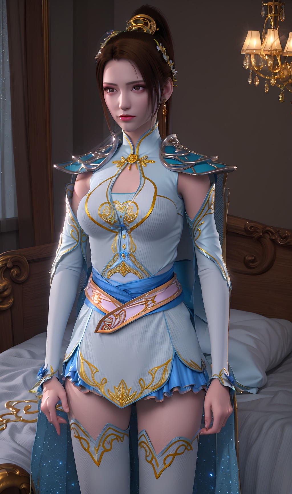 3D,masterpiece,(best quality),(makeup),official art, extremely detailed cg 8k wallpaper,((crystalstexture skin)), (extremely delicate and beautiful),(highly detailed),(face),headpiece,(collar),(ponytail),(shawl),(closed_mouth)(1girl), (solo), (jewelry), (earrings),(black_hair),(long_hair),(hair_ornament),(handwear),(breasts),(standing),(upper_body),(dress),(short_skirt),(multicolored_clothes),(multicolored_dress),(shiny_clothes),(city,indoor,bed),((long_legs)),(sash),(thighhighs),,((looking_at_viewer)),((Facing the camera)),, <lora:hipoly3DModelLora_v10:0.3>