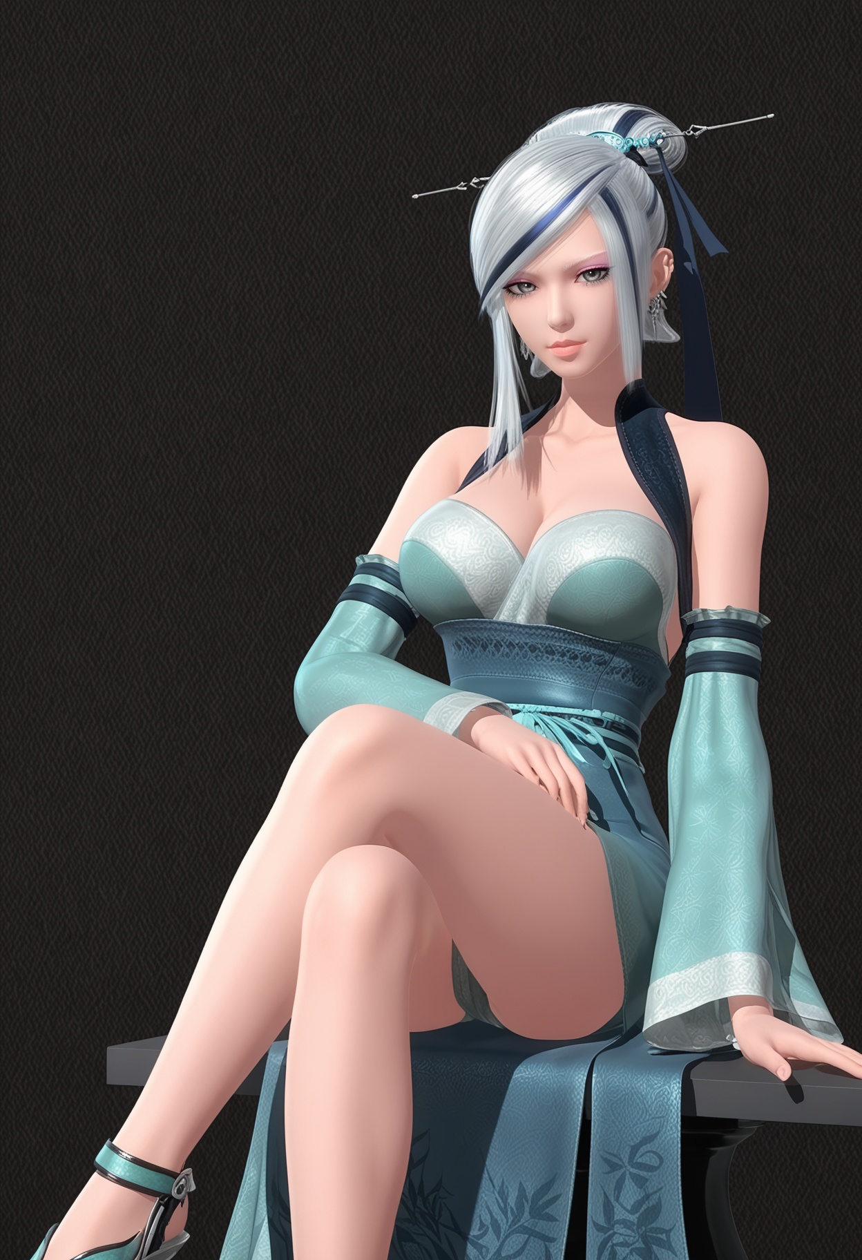 score_9,looking_at_viewer,large breasts,xiaomeng,1girl,solo,white hair,hair ornament,bare shoulders,grey eyes,lips,single hair bun,dress,earrings,cleavage,jewelry,detached sleeves,streaked hair,hair stick,makeup,wide sleeves,high heels,sitting,(crossed legs:1.3),(simple background,pure black background,black background:1.1),perfect_anatomy,<lora:QQSponyxiaomengV1:0.8>,
