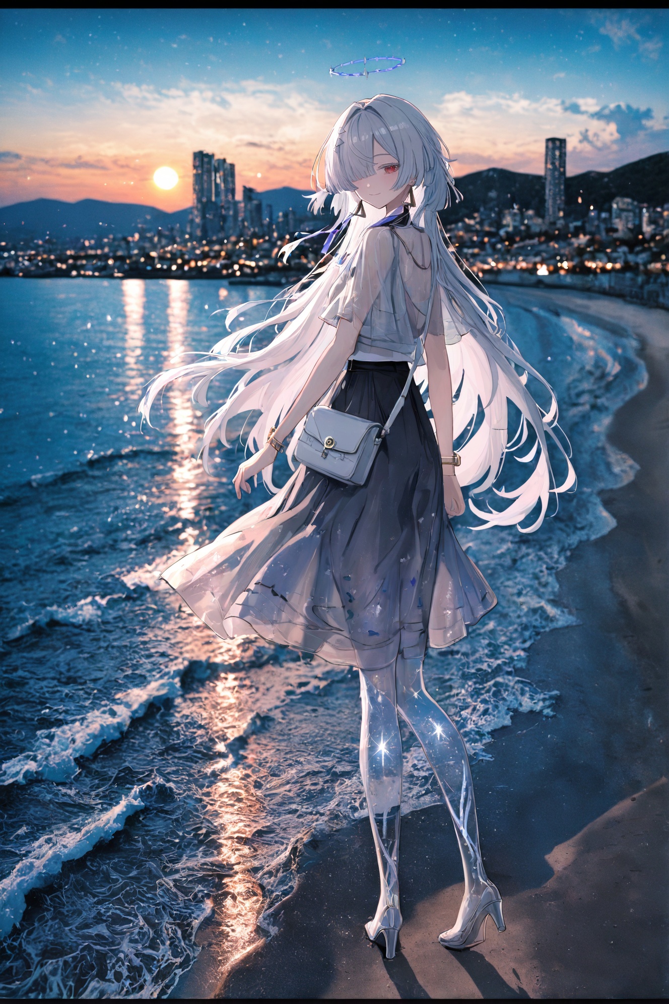 masterpiece,best quality,1girl,<lora:Mornye-will-Tanger:0.8>,Mornye \(Wuthering Waves\),clothes: Mornye def grey-and-black skirt,see-through legs,1girl,halo,jewelry,long hair,hair over one eye,earrings,grey hair,bracelet,red eyes,sky,outdoors,water,standing,city,bangs,night,cloud,cityscape,sunset,looking back,building,city lights,mountain,ocean,smile,letterboxed,full body,walking,skyline,beach,twilight,evening,road,night sky,from behind,looking at viewer,scenery,shore,skyscraper,shadow,star \(sky\),horizon,river,reflection,orange sky,town,mountainous horizon,looking to the side,sparkle,blush,shoulder bag,gradient sky,blue sky,sand,see-through,tree,<lora:绪儿厚涂构图光影质感增强V3:0.3>,XUER guangying,<lora:2dRealPhoto_Background:0.3>,2dReal,((photo background, film grain)),dark,blurry background,depth of field,impressionism,<lora:add-detail-xl:0.3>,<lora:lightingSlider:-0.3>,detailed,<lora:noobai_vpred_1_masterpieces_v23:0.3>,nyaqiq,<lora:mon_monmon2133:0.3>,<lora:illustrious_masterpieces_v3:0.3>,