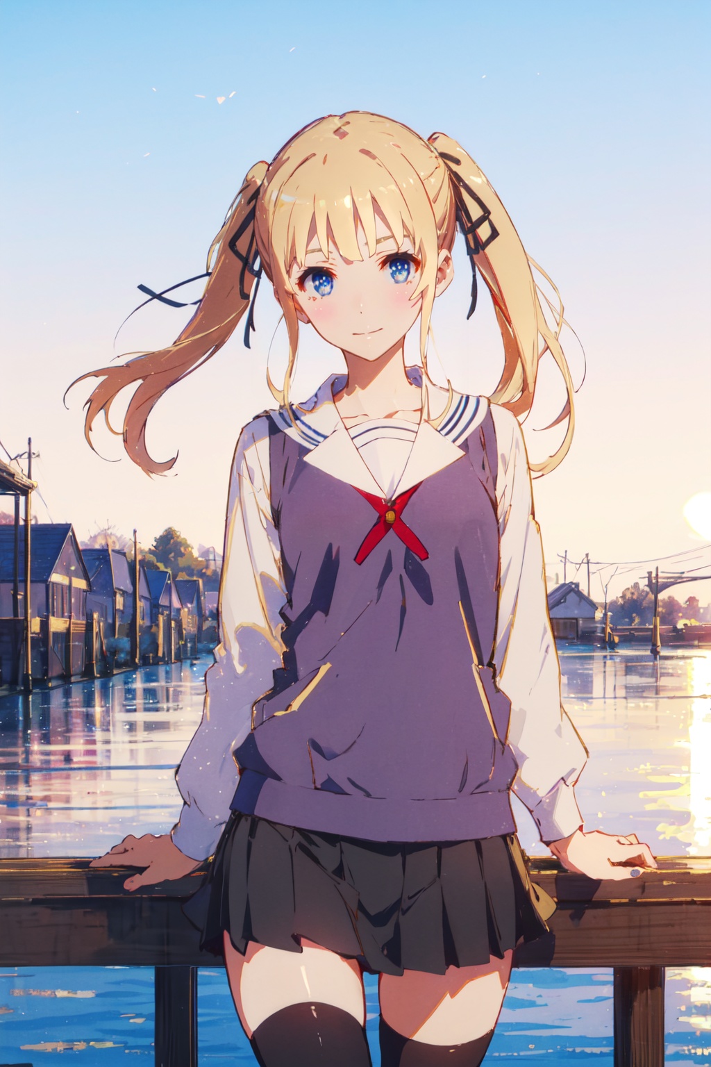 <lora:Eriri-000012:0.8>,eriri cyql,1girl,looking at viewer,solo,blonde hair,long hair,twintails,blue eyes,ribbon,hair ribbon,black ribbon,school uniform,sweater vest,skirt,zettai ryouiki,thighhighs,black thighhighs,Confident, Eyes that meet the viewer directly, a slight smile, and a relaxed posture.,upper_body,beautiful face,beautiful eyes,glossy skin,shiny skin,Lakeside pier, Golden hour, Photography, Reflections, Tranquility, Scenic view,beautiful detailed sky,beautiful detailed glow,posing in front of a colorful and dynamic background,masterpiece,best quality,beautiful and aesthetic,contrapposto,female focus,wallpaper,fashion,
