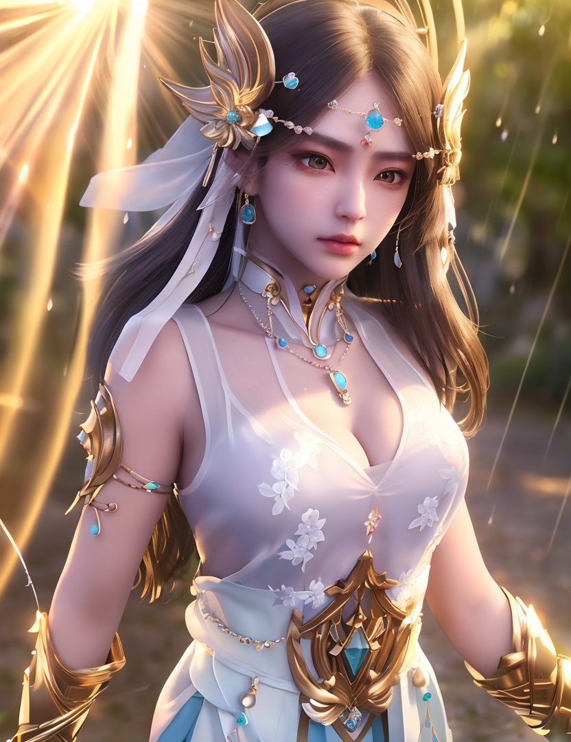 <lora:523-DA-神印王座-光明女神:0.8>(,1girl, ,best quality, ),looking at viewer,  ,,ultra detailed 8k cg, ultra detailed background ,ultra realistic 8k cg,          cinematic lighting, cinematic bloom, (( , )),,  , unreal, science fiction,  luxury, jewelry, diamond, pearl, gem, sapphire, ruby, emerald, intricate detail, delicate pattern, charming, alluring, seductive, erotic, enchanting, hair ornament, necklace, earrings, bracelet, armlet,halo,masterpiece, (( , )),, realistic,science fiction,mole,   ,cherry blossoms,,(((Best quality, masterpiece, ultra high res, (photorealistic:1.4), raw photo, 1girl, ,rain, , sunlight, sunset, qianqiu wanxia,     )))  (cleavage), (),
