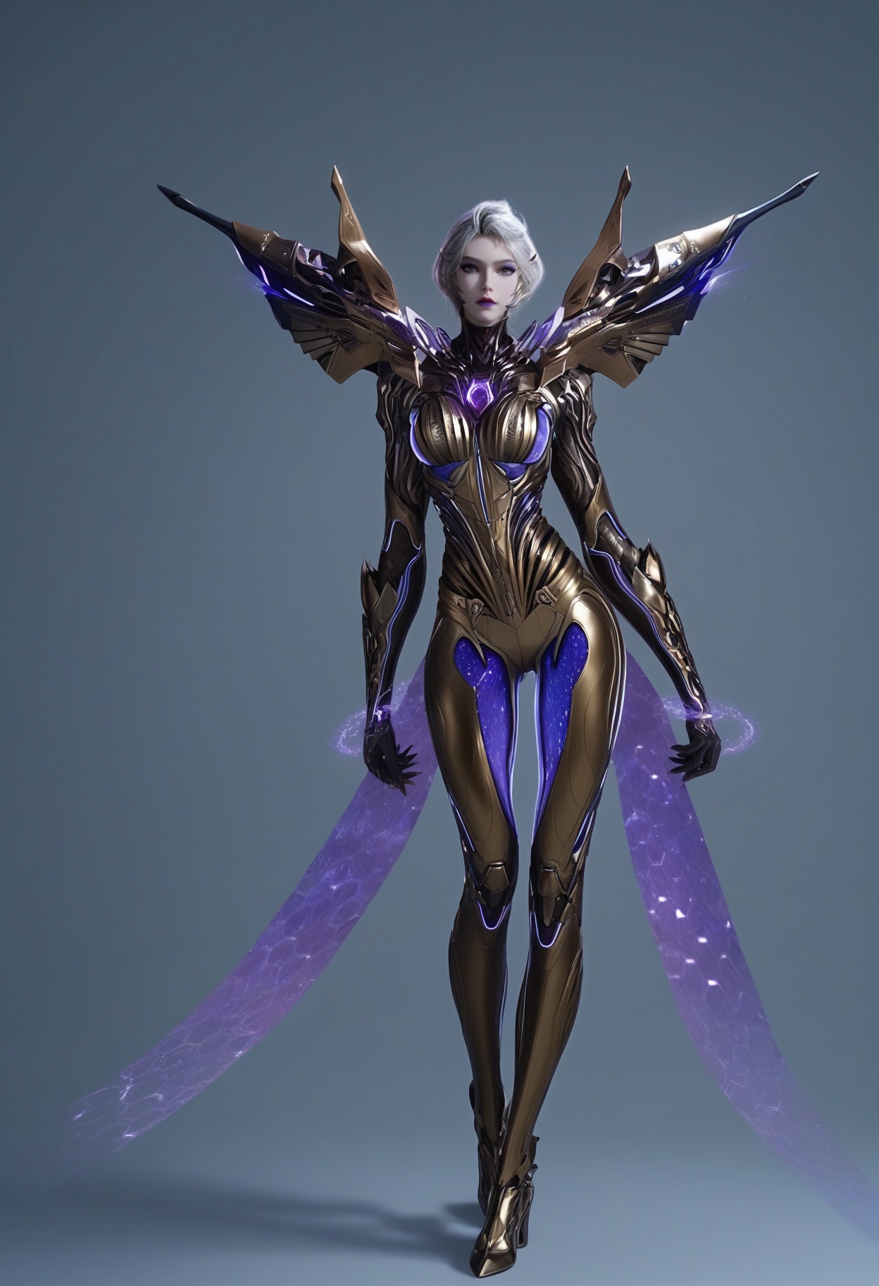 (score_9),full body, <lora:九皇女-apony-000008:0.82>,jhn,1girl,solo,short hair,grey hair,purple lips,eyeshadow,makeup,sci-fi suit,mechanical wings,bodysuit,tight,<lora:perfect eyes_v1:0.8>,light blush,Expressiveh,<lora:Expressive_H-000001:0.8>,collarbone,(glamor:1.2),curvy,BREAKlooking at viewer,front view,<lora:e肤色滑块:0.5>,fair_skin,(pale_skin),(white skin),<lora:e色温:0.35>,light skin,BREAKsimple background,grey background,ultra-detailed skin texture,detailed textures,4K ultra HD,sharp focus,high detail,natural lighting,high contrast,hearts,Volumetric Lighting,Tyndall effect,