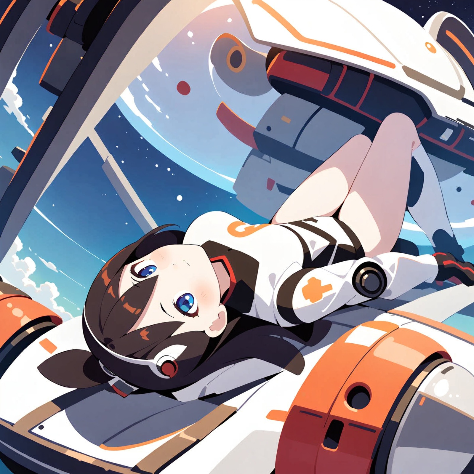 1girl,solo,black_hair,mecha,on back,bodysuit,blue eyes,headwear removed,looking_at_viewer,(Space capsule:1.2),Floating mechanical props,indoor,