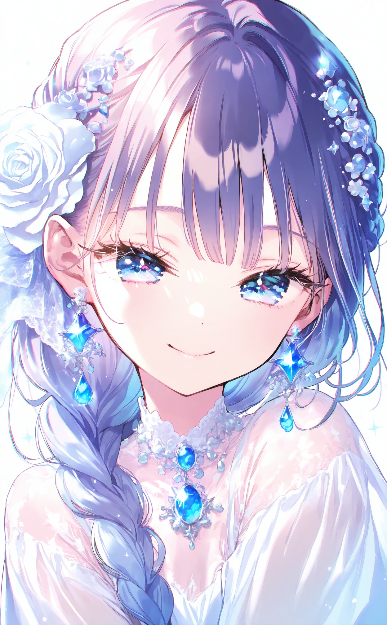 masterpiece,highres,absurdres,newest,best quality,loli,petite,high quality,chromatic_aberration,//,1girl, flower, solo, hair_flower, hair_ornament, earrings, white_background, jewelry, white_flower, smile, looking_at_viewer, blue_eyes, simple_background, gem, blue_gemstone, closed_mouth, white_rose, blue_flower, rose, portrait, sparkle, flower_earrings, blue_hair, dress, glint, blunt_bangs, purple_hair, white_dress, brooch, braid, eyelashes, upper_body//,//,<lora:chun_paretto——【noob】hans:1>,