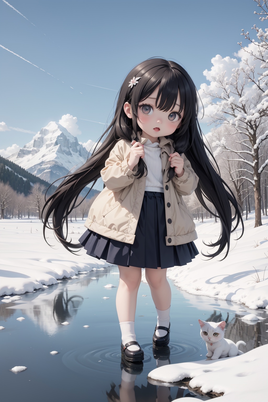 A group of British shorthair cats in stylish sunglasses,surprised,cute,laughing,outdoors,sky,day,blue sky,no humans,scenery,snow,reflection,ice,mountain,motion blur,lake,frozen,Anime style,.,(loli:1.5),(5yo:1.5),(very_long_hair,:1.3),