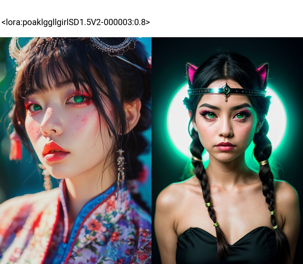 poakl ggll girl,woman, *******, (shadowheart, black hair, circlet), long hair, braided ponytail, green eyes, pointy ears, intense lighting, colorful, (selective focus, surreal and hazy:1.1),<lora:poaklggllgirlSD1.5V2-000003:0.8>,