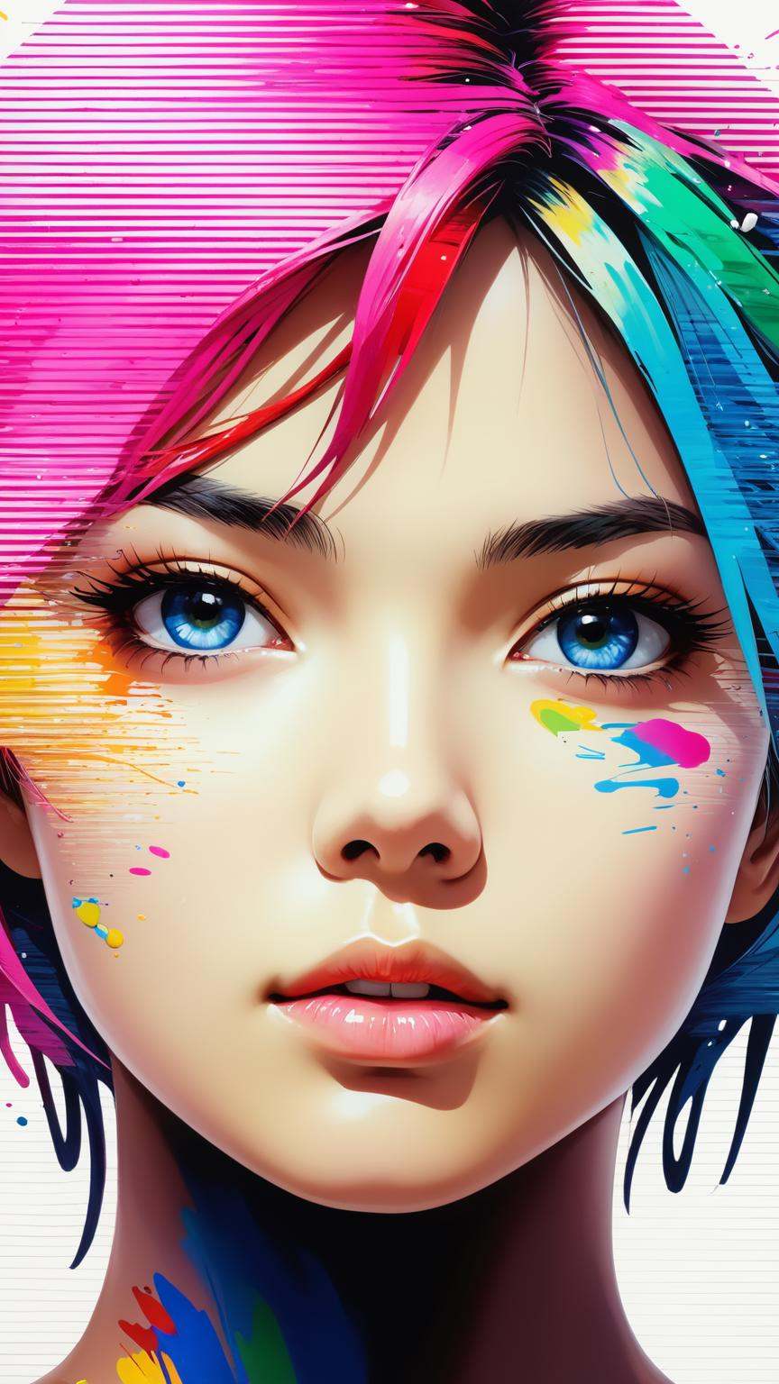 double exposure, whirlwind of paint, girl, (paint splashes, colorful, outrun, paint texture:1.2), (masterpiece:1.2), best quality, (hyperdetailed, highest detailed:1.2), high resolution textures, (absurdres, best quality, highly detailed:1.2), a portrait of one side woman's face, anime, by Anno Hideaki, colorful hair, close up on side of face