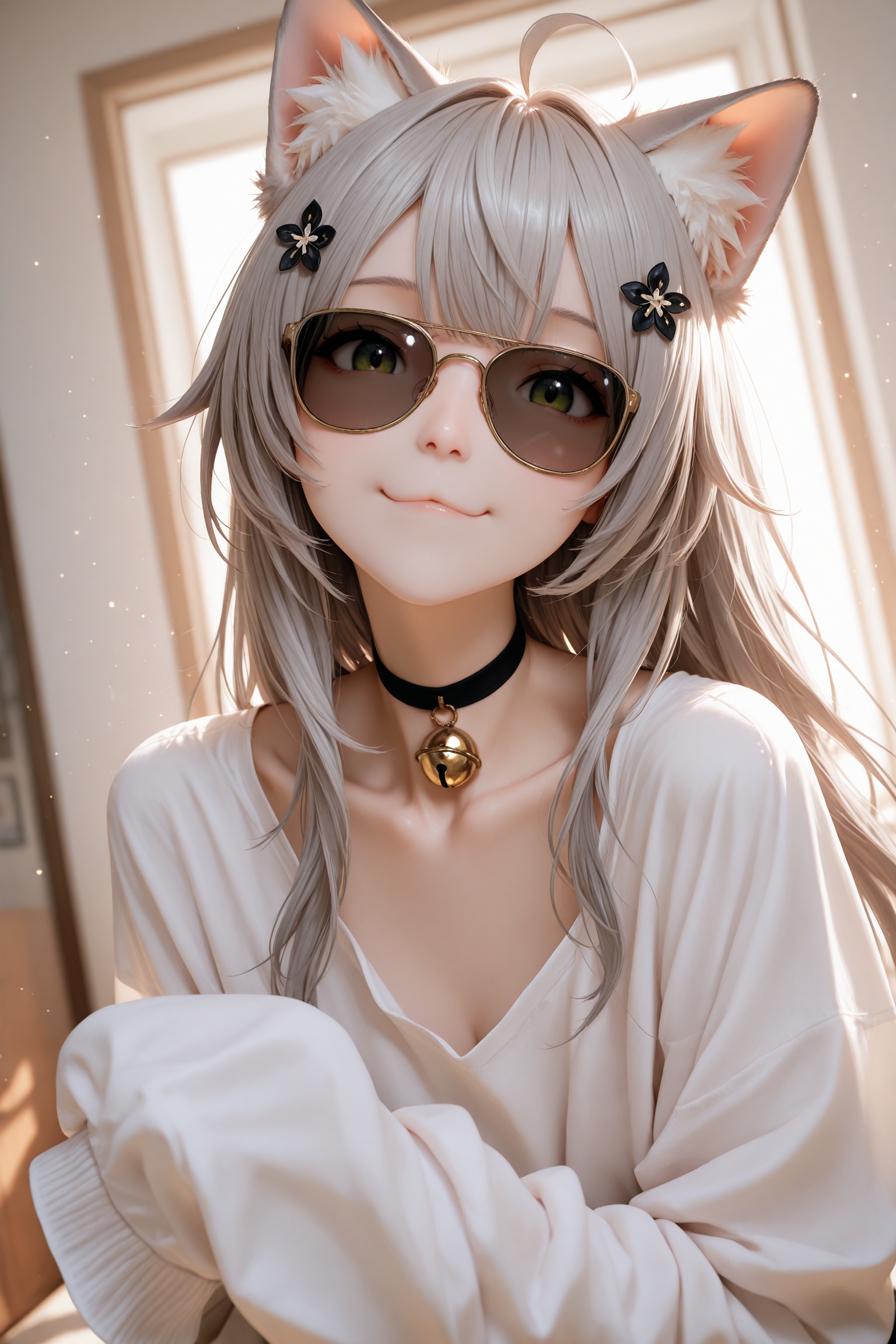 masterpiece,best quality,amazing quality,very aesthetic,absurdres,newest,extreme aesthetic,in the style of fashion photography,light particles,Visual impact,sharp focus,Emotionalization,impactful picture,depth of field,dutch angle,dynamic pose,1girl, solo, animal ears, sleeves past wrists, sunglasses, choker, ahoge, hair ornament, bell, grey hair, :3, sleeves past fingers, cat ears, black choker, animal ear fluff, long hair, white shirt, shirt, long sleeves, neck bell, looking at viewer, jingle bell, closed mouth, smile, collarbone, virtual youtuber