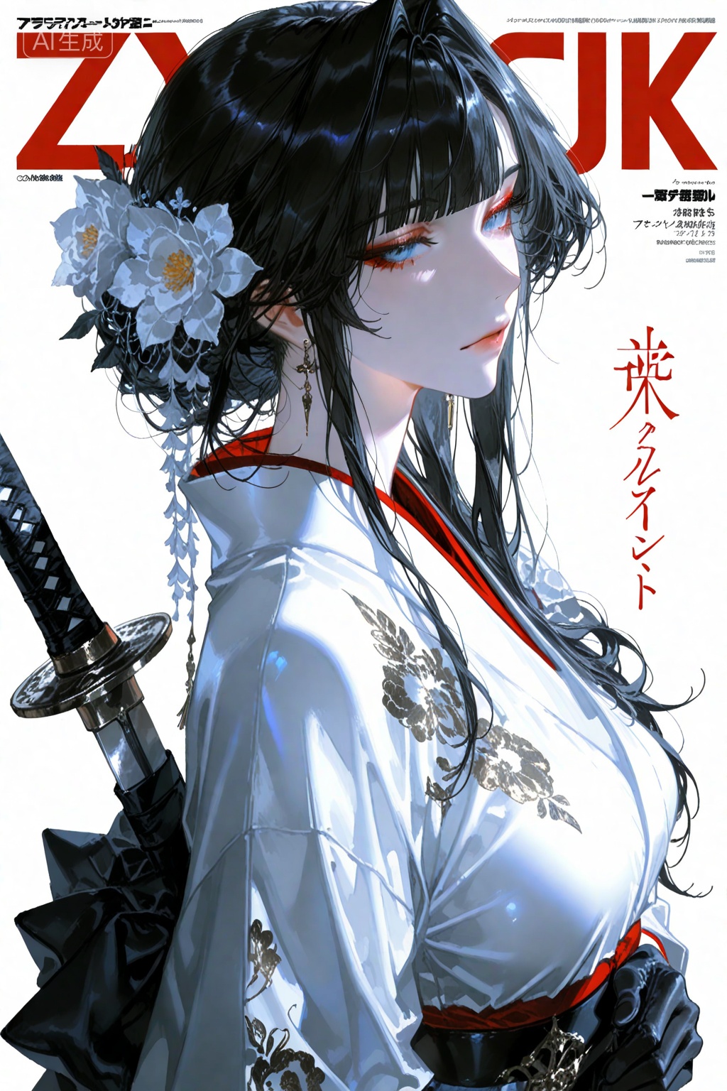 1girl,solo,long hair,looking at viewer,bangs,blue eyes,simple background,black hair,hair ornament,gloves,white background,holding,upper body,weapon,flower,japanese clothes,black gloves,sword,virtual youtuber,hair flower,blunt bangs,kimono,holding weapon,from side,makeup,hair intakes,eyeshadow,white kimono,yoneyama mai,hysp,zxww,dynamic_outline,Close-up details,solo,outstanding style,adding a touch of dimension to your images without compromising details,iridescent textures,delicate details,magical atmosphere,concept art,highly detailed,ultra-high resolution,32K UHD,sharp focus,best-quality,masterpiece,golden hour,unconventional supreme masterpiece,masterful details,with a high-end texture,in the style of fashion photography,magazine cover,Dynamic Angle,Dynamic posture,magazine cover,Dynamic Angle,Dynamic posture, (artist:quasarcake:0.8),extreme aesthetic, masterpiece,best quality,good quality,newest,year 2024,year 2023,very aesthetic,absurdres,Visual impact, ultra-high resolution,32K UHD,sharp focus,best-quality,masterpiece,Emotionalization,unconventional supreme masterpiece,masterful details,with a high-end texture,in the style of fashion photography, (Visual impact:1.2),giving the poster a dynamic and visually striking appearance,impactful picture,offcial art,splash of color,movie perspective, masterpiece,best quality,amazing quality,very aesthetic,absurdres,best quality,newest,mature,incredibly absurdres,huge filesize,wallpaper, Negative prompt: ng_deepnegative_v1_75t,(badhandv4:1.2),EasyNegative,(worst quality:2),,nsfw, Steps: 30, Sampler: Euler a, CFG scale: 7.0, Seed: 1082663040, Size: 1024x1536, Model hash: 4de6b9c902, Model:  琉璃幻音_V1.safetensors, Denoising strength: 0, RNG: CPU, Lora 1: 3D魅模星瞳, Lora Hash 1: df6327c6c9, Lora Weight 1: 0.8, vae_name: automatic