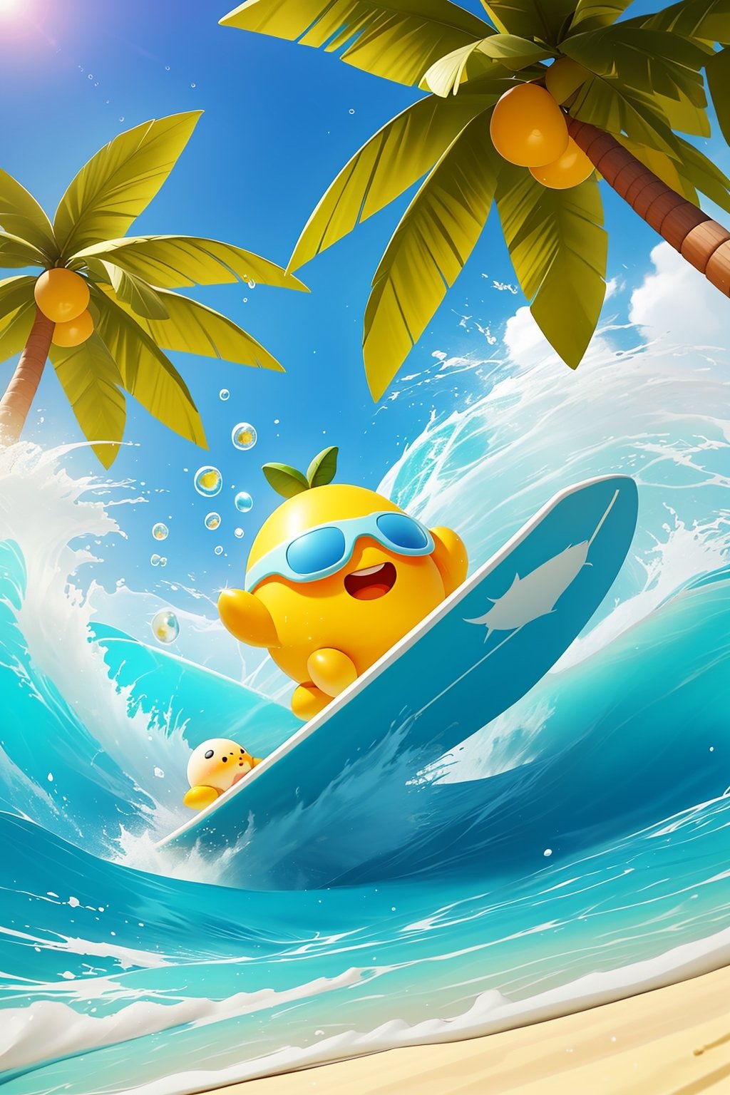 Mangoes,surfboards,coconut trees,bubbles,beach,blue sky,depth of field,bubbles,fish,horizon,leaves,ocean,Open Mouth,outdoors,palm trees,plants,potted plants,sand,clouds,trees,water drops,Masterpiece,16k,<lora:冲浪芒果:0.6>,