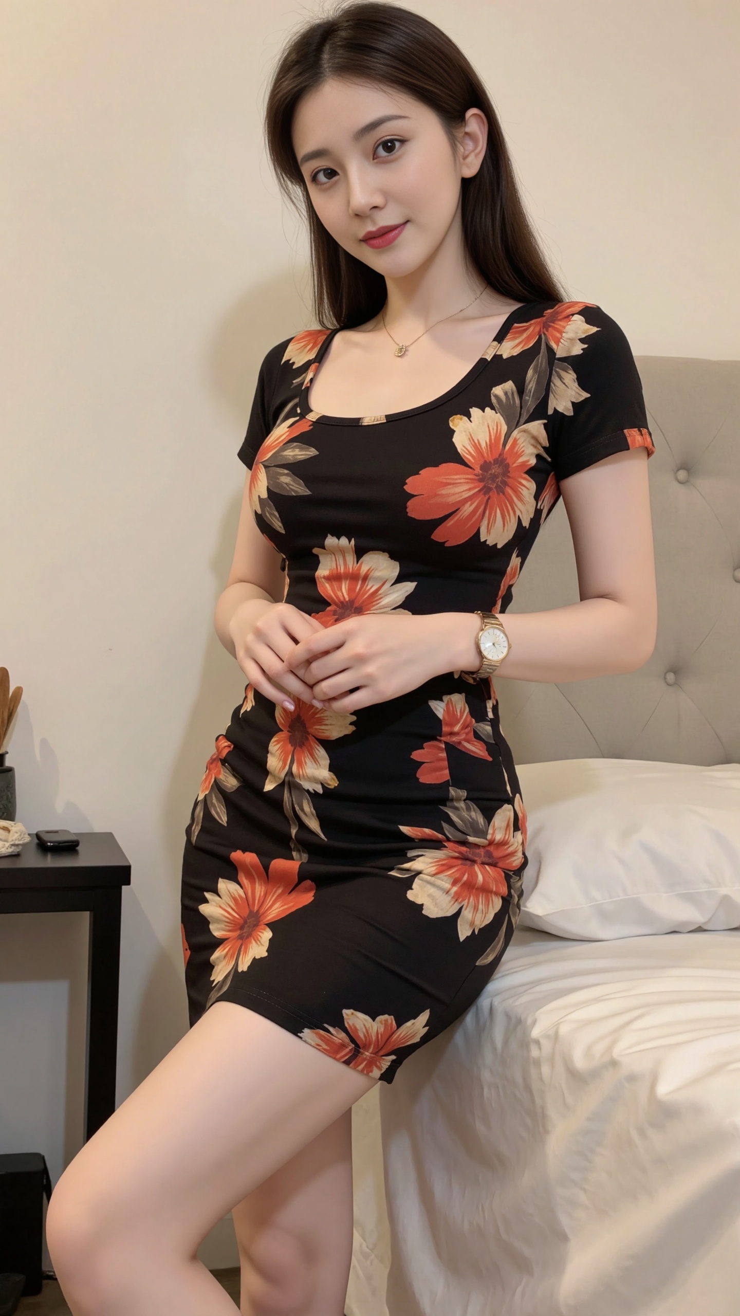 A plump woman with a small belly stands confidently in a simple bedroom setting. The subject in the photo is a young woman with a bright smile,wearing a striking floral dress. Her dark hair is neatly combed and her hands hang down naturally,exuding a sense of confidence. She wore a delicate gold necklace around her neck and a sleek watch around her wrist.,