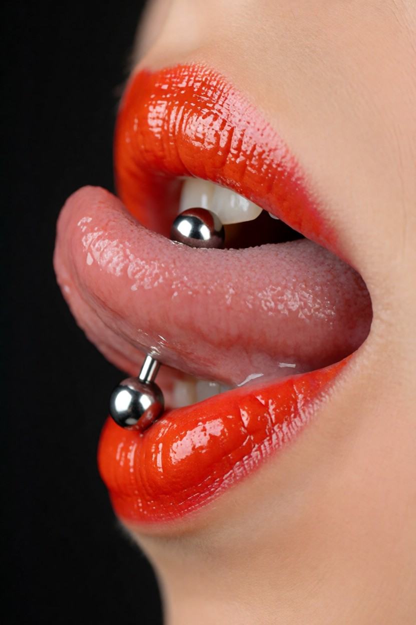 This close-up shot captures a profile view of a person’s mouth with their tongue extended. A metallic tongue piercing with...