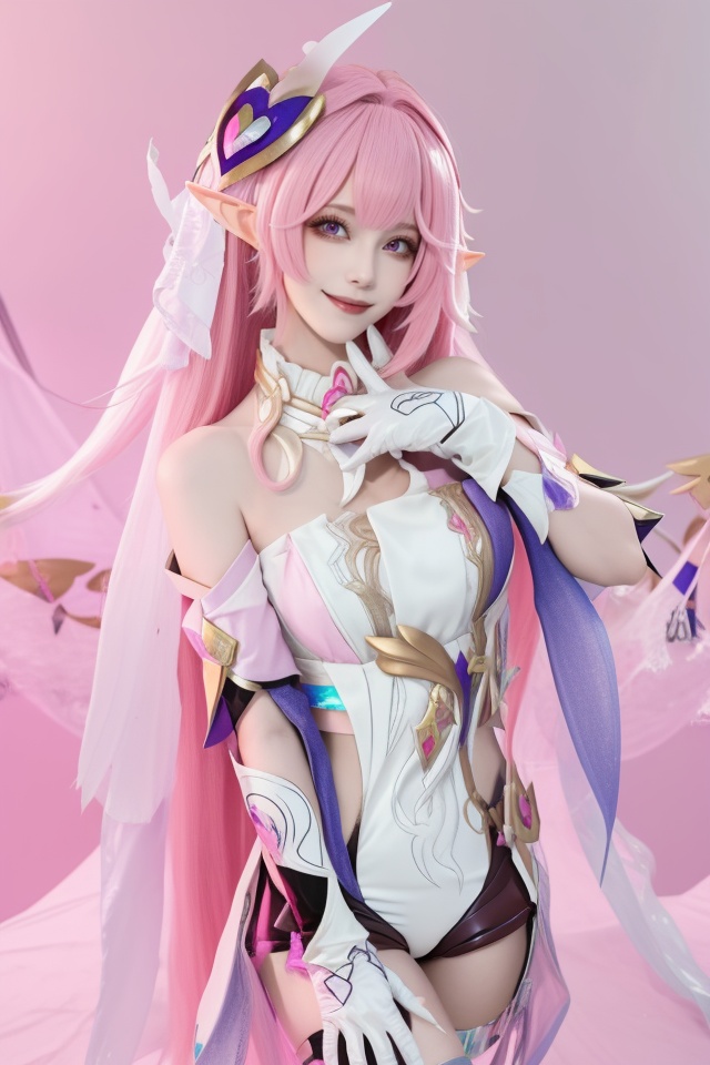 <lora:爱莉:0.8:lbw=ALL>,elysia cosplay,pink hair,long hair,dress,white dress,bare shoulders,elysia \(honkai impact\),gloves,white gloves,bangs,bar censor,hair ornament,censored,elf,pink eyes,light smile,fantasy,indoors,pink background,, 1girl,,  (masterpiece,best quality:1.2),absurdres