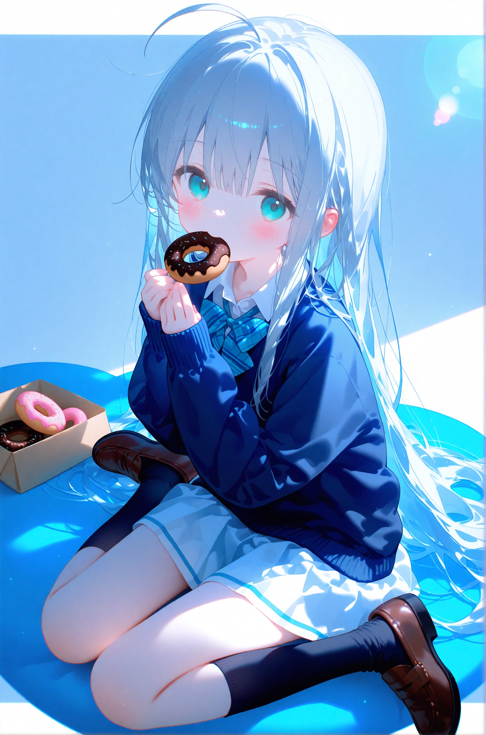 masterpiece,very aware,highres,absurdres,newest,best quality,high quality,loli,petite,chromatic_aberration,Light Blue Theme,lens_flare,dynamic_angle,cinematic_angle,//,artist:konya_karasue,//,1girl,long hair,solo,mouth hold,doughnut,sleeves past wrists,skirt,food in mouth,pleated skirt,shoes,loafers,food,socks,sitting,shirt,black socks,brown footwear,very long hair,collared shirt,white skirt,wariza,long sleeves,white shirt,ahoge,hands up,looking at viewer,blue sweater,grey hair,white background,sweater,blush,striped bow,school uniform,green eyes,bow,blue eyes,black sweater,full body,kneehighs,two-tone background,plaid bow,dress shirt,diagonal-striped bow,own hands together,aqua eyes,