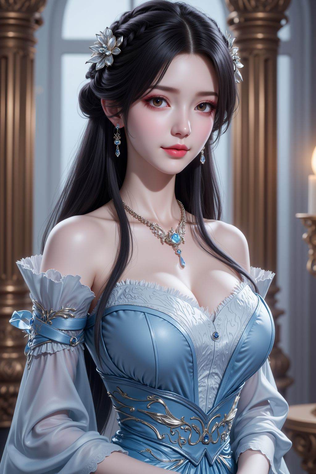 <lora:AgainAnimeGirlF1Lora10_v2:0.8>, 1girl, solo, long hair, breasts, looking at viewer, black hair, dress, cleavage, bare shoulders, jewelry, upper body, braid, earrings, necklace, blue dress