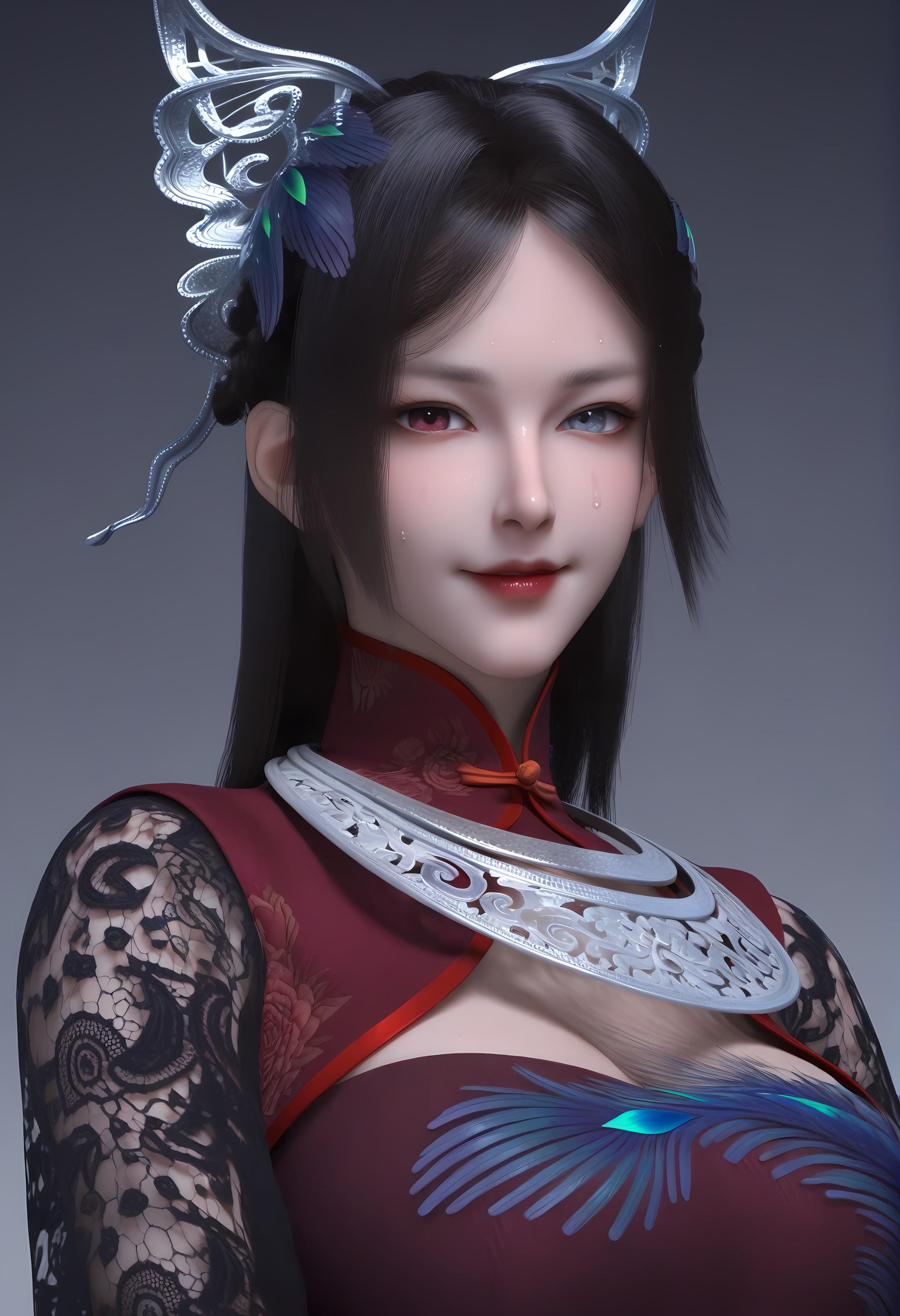 (score_9),portrait,solo focus,(eye focus),<lora:慕雨墨-apony-000009:0.83>,muyumo,1girl,solo,heterochromia,hair ornament,black hair,feather hair ornament,long hair,braid,high collar,silver collar,crop top,lace sleeves,mature_female,collarbone,pointy breasts,puffy breasts,(large teardrop breasts),teardrop breasts,teardrop breasts,cleavage,BREAK<lora:Expressive_H-000001:0.8>,light blush,Expressiveh,seductive_smile,looking at viewer,front view,<lora:皮肤凹痕:1.2>,fair_skin,(pale skin),(sweaty_skin),ultra-detailed skin texture,detailed textures,sweat,sweatdrop,BREAKsimple background,<lora:e色温:-0.25>,sparkle,sparkle background,fluorescence,fluorescent,4K ultra HD,sharp focus,high detail,high contrast,